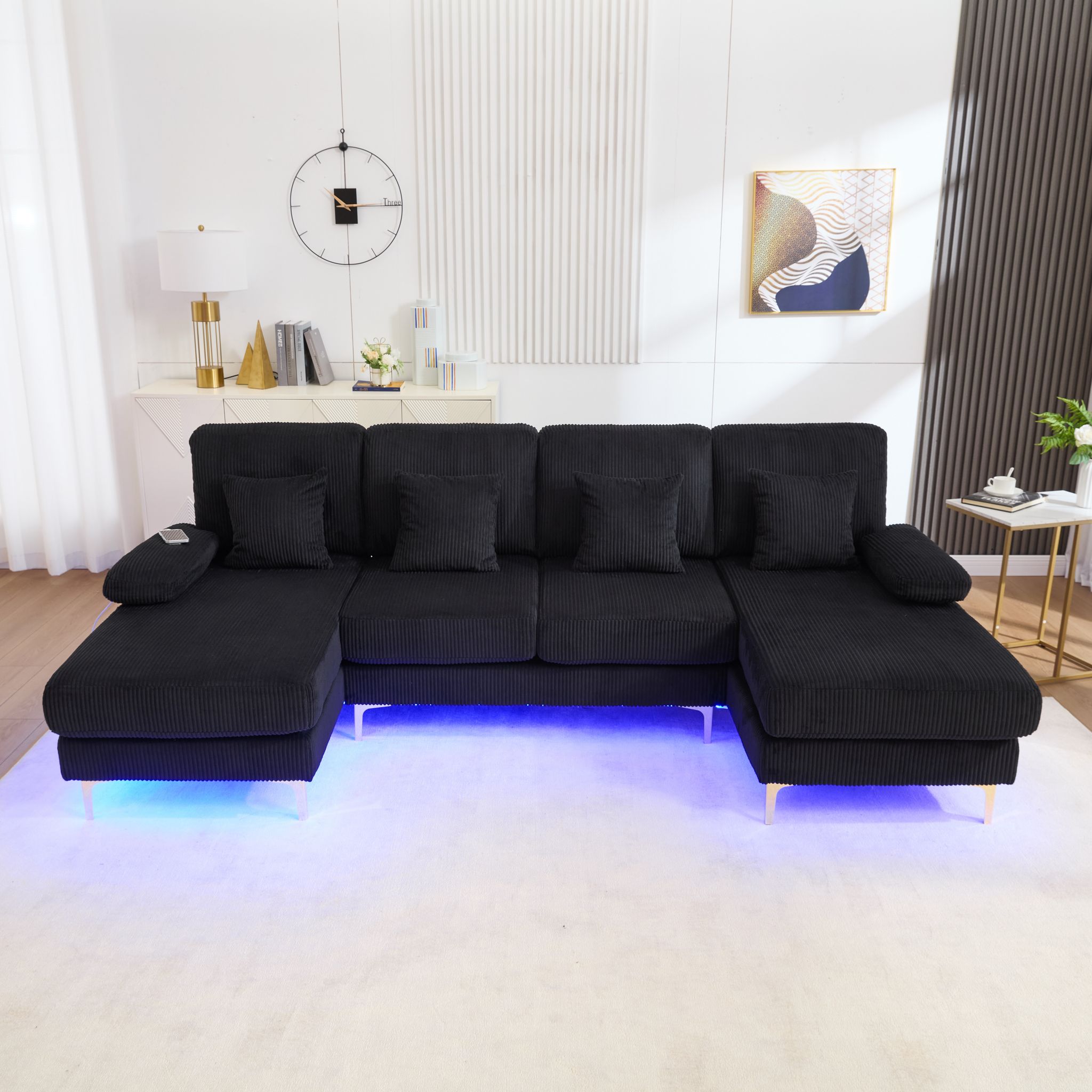 Neche - Canapé Moderne En U Avec Éclairage Led Et Usb-c,tissu En Velours Côtelé,cadre En Bois Massif,4 Coussins Confortable,noir