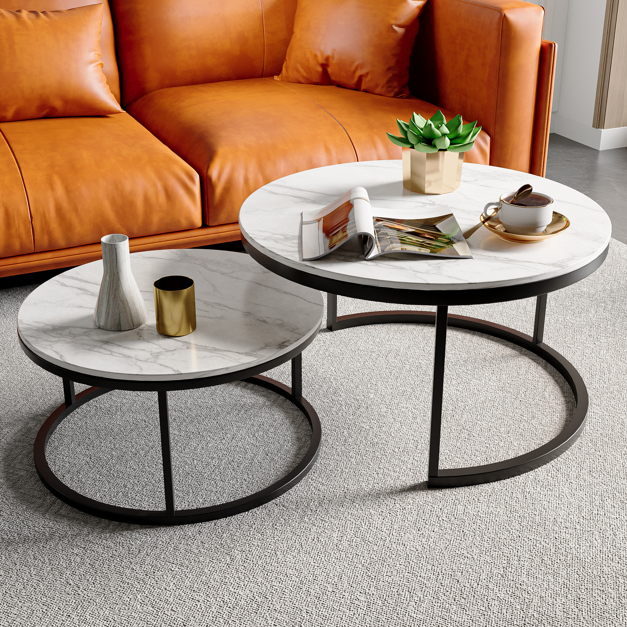 Lot De 2 Tables Basses Gigognes Rondes – Effet Marbre Noir – Cadre