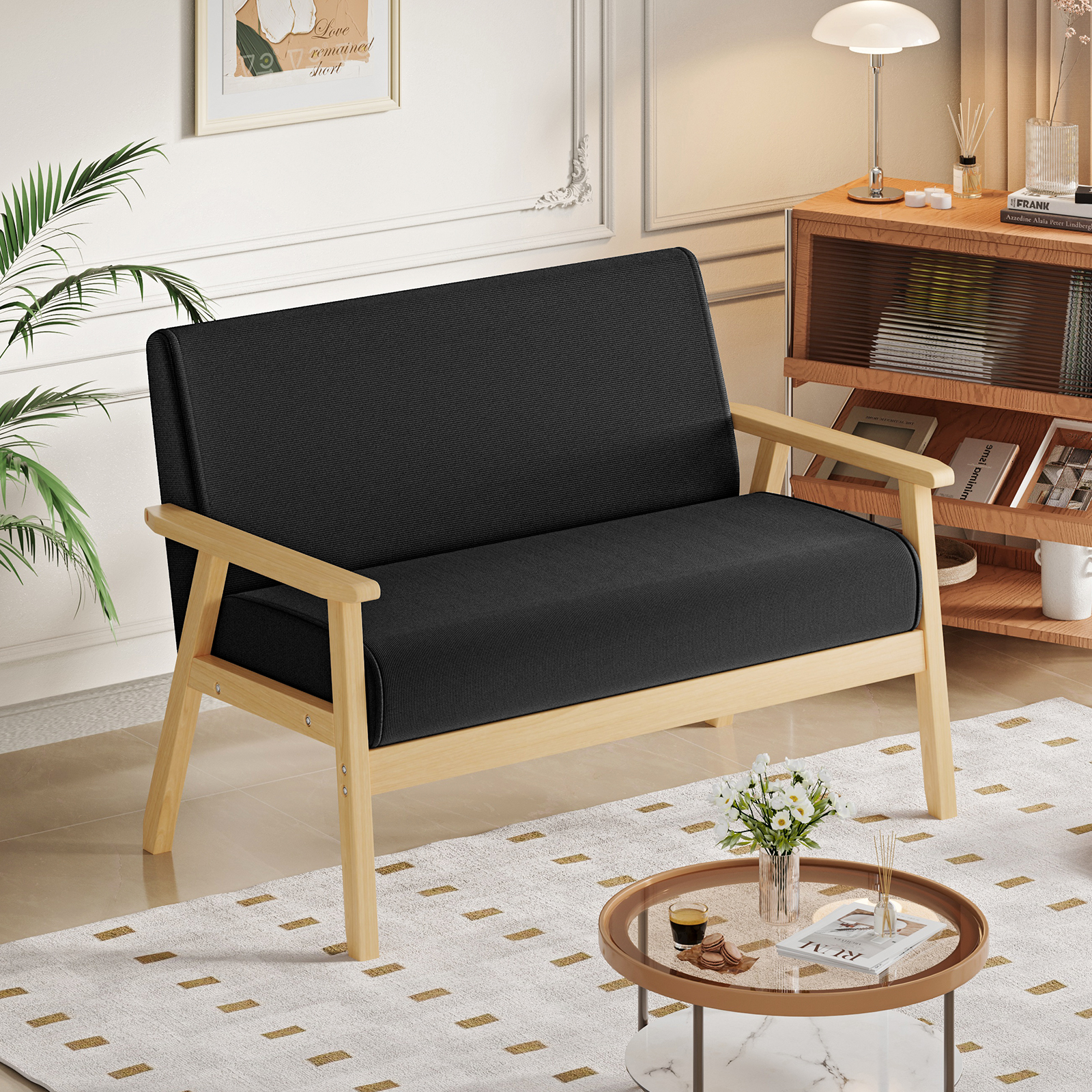 Canapé 2 Places Scandinave En Tissu Lin Noir,fauteuil De Salon Avec