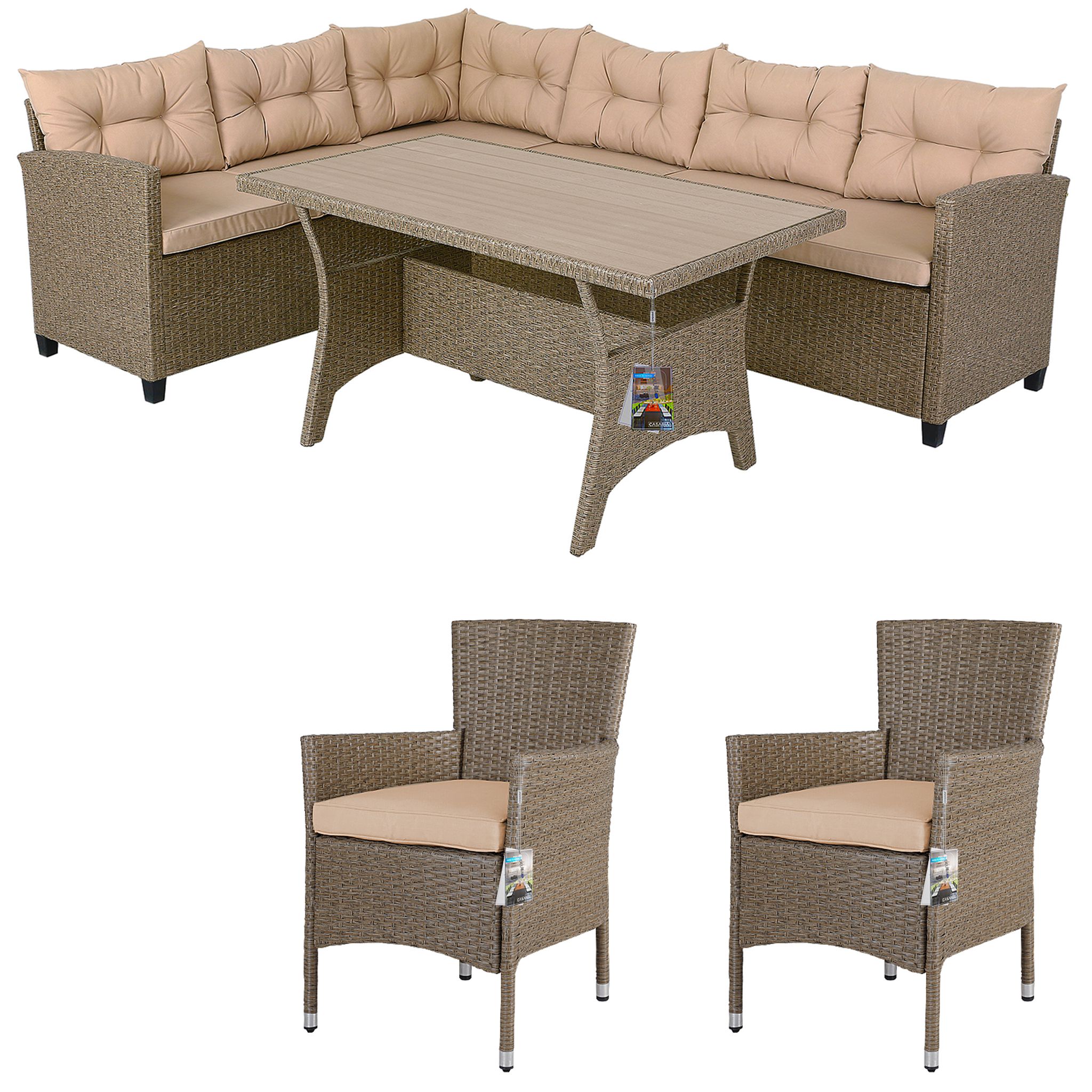 Polyrattan Lounge Tavolo Da Pranzo Panca D'Angolo 2 Sedie Da Giardino Set Di Mobili Outdoor Esterno Crema - Casaria