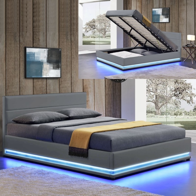 Lit Led Avec Coffre De Rangement Ava - Gris - 140x190