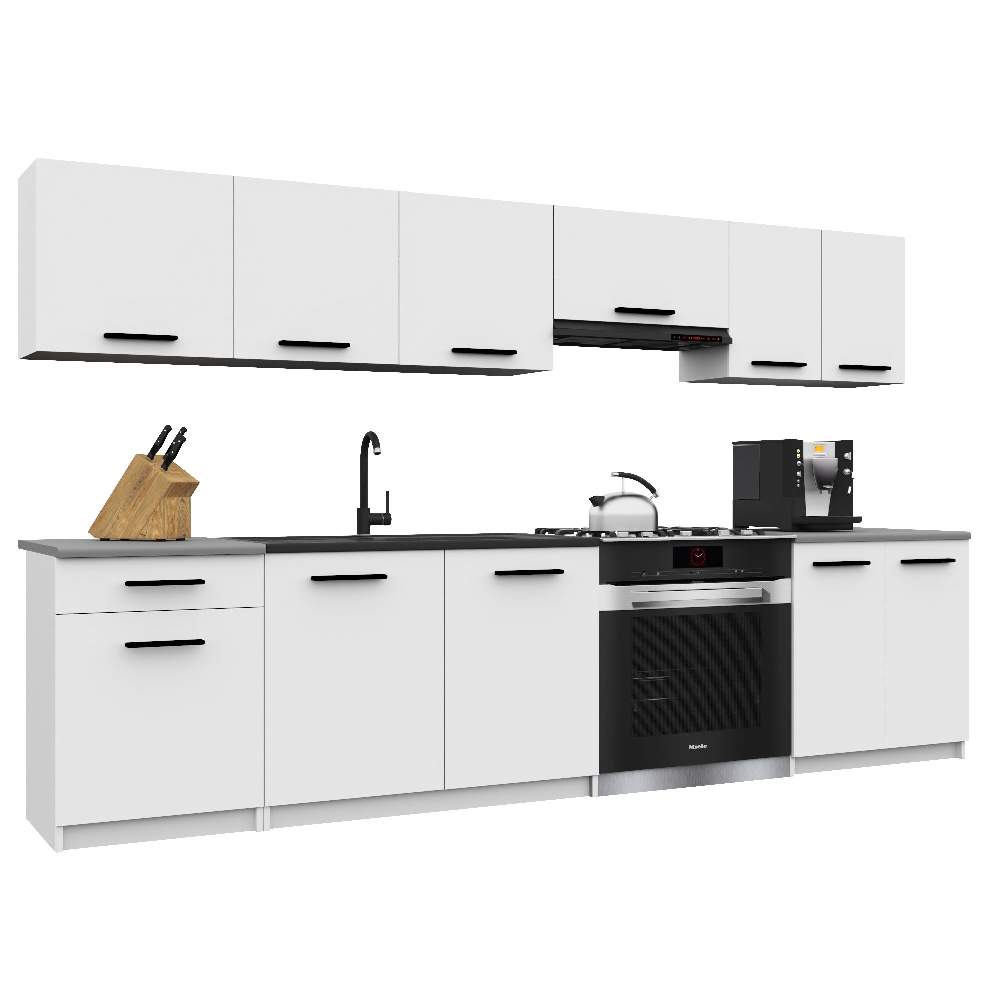 Belini Italia 2 Cuisine Equipée Modulaire Complète - 240 Cm. Meubles Hauts Bas Avec Plan De Travail, Blanc Mat