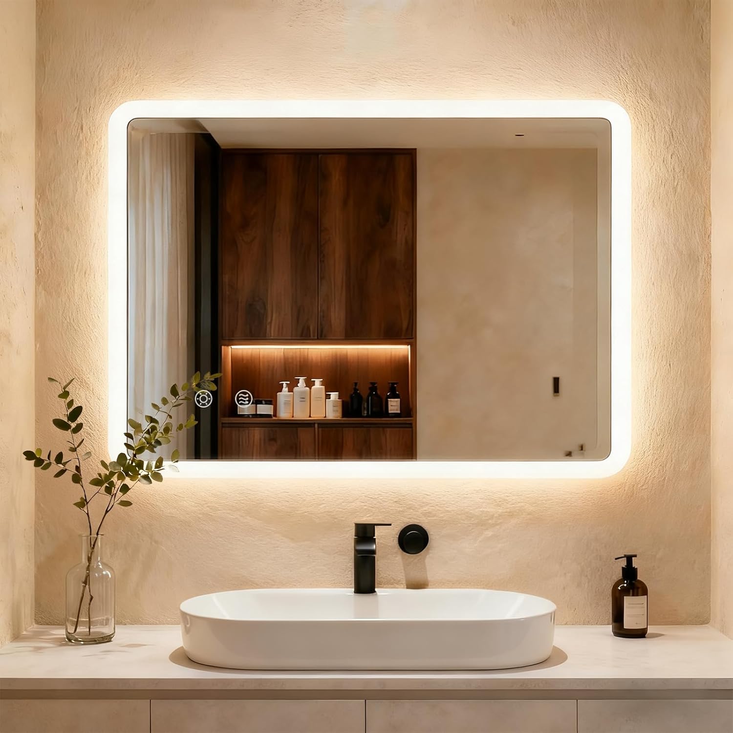 Miroir De Salle De Bain Avec Éclairage 80 X 60 Cm, Miroir Led Avec 3 Couleurs De Lumière À Intensité Variable, Verre Trempé Et Bord Mat, Interrupteur Tactile, Fonction Mémoire, Anti-buée