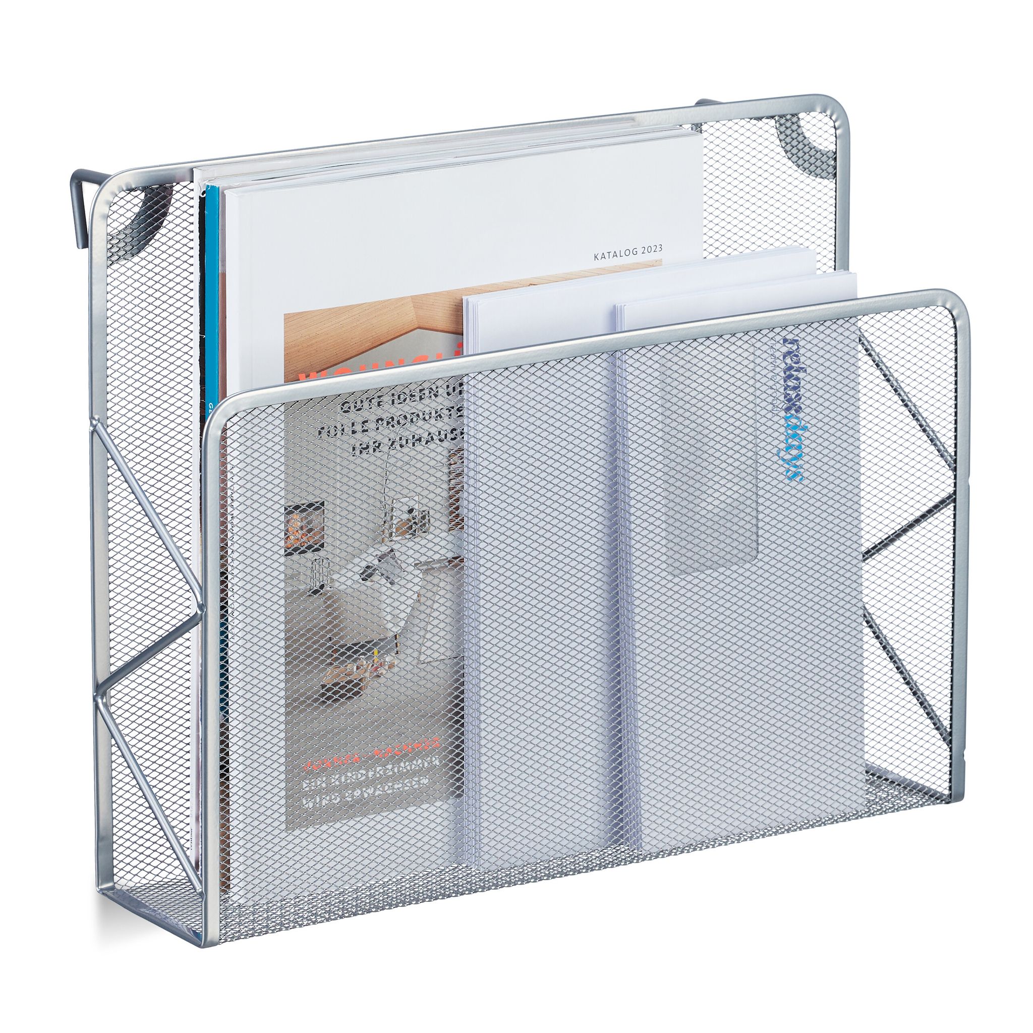 Relaxdays Newspaper Stand, Magazine Holder, Hanging Wall Storage, Hxwxd 28 X 35.5 X 10 Cm, Metal, Mesh, Document, Silver
