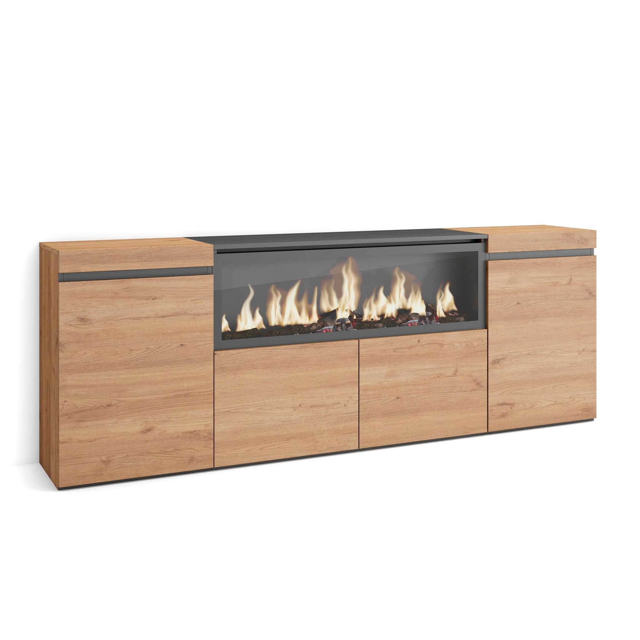 Buffet Salon Et Cuisine, Meuble De Rangement, Commode, 210, 4 Portes, Cheminée Électrique Xxl, Style Moderne, Chêne - Skraut Home