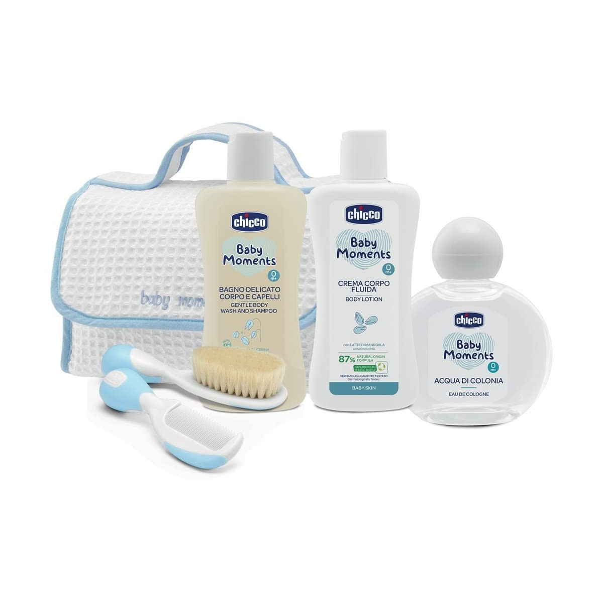 Chicco Baby Moments Beauty Case Mit Griff Blau - Kölnisch Wasser 100 Ml + Mildes Bad Körper Und Haare 200 Ml + Körpercreme 200 Ml + Bürste Und