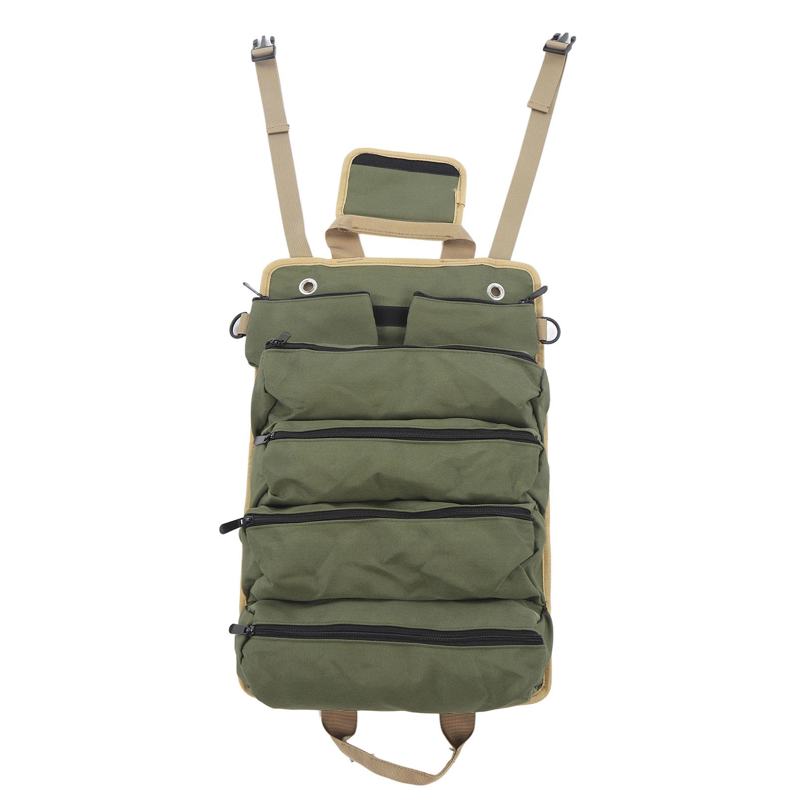 Sac à outils enroulable en tissu Oxford, poches séparées, poignée et bandoulière, vert