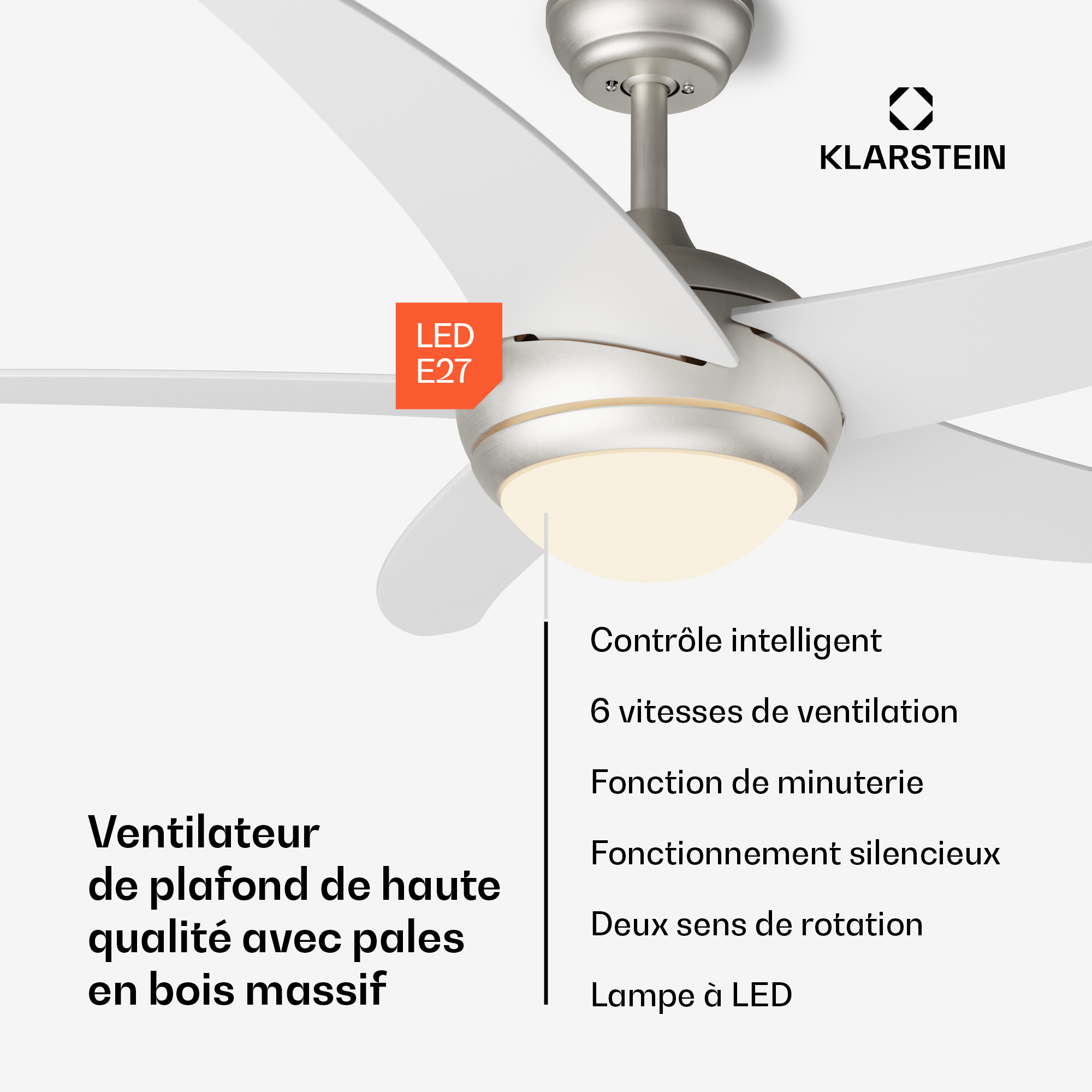Klarstein - Smart Deckenventilator mit Beleuchtung, 132 cm, 6 Geschwindigkeiten, Sprachsteuerung & Smart App, energieeffizient, Sommer- &