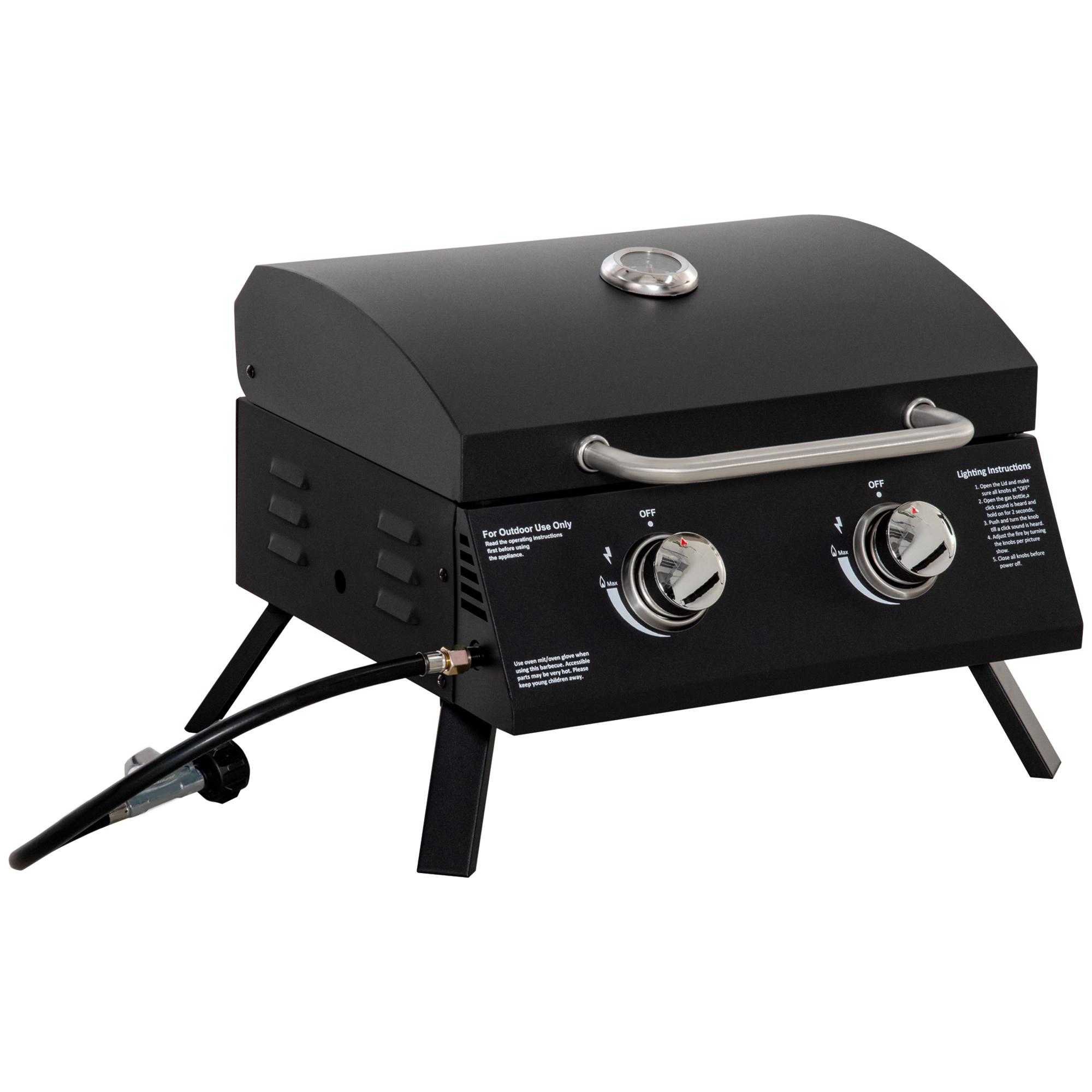 Outsunny - Barbecue Gaz De Table Transportable Pieds Pliables - 2 Brûleurs 5 Kw - Barbecue Gaz De Camping - Grille De Cuisson, Réceptacle Graisse, Thermomètre - Acier Noir
