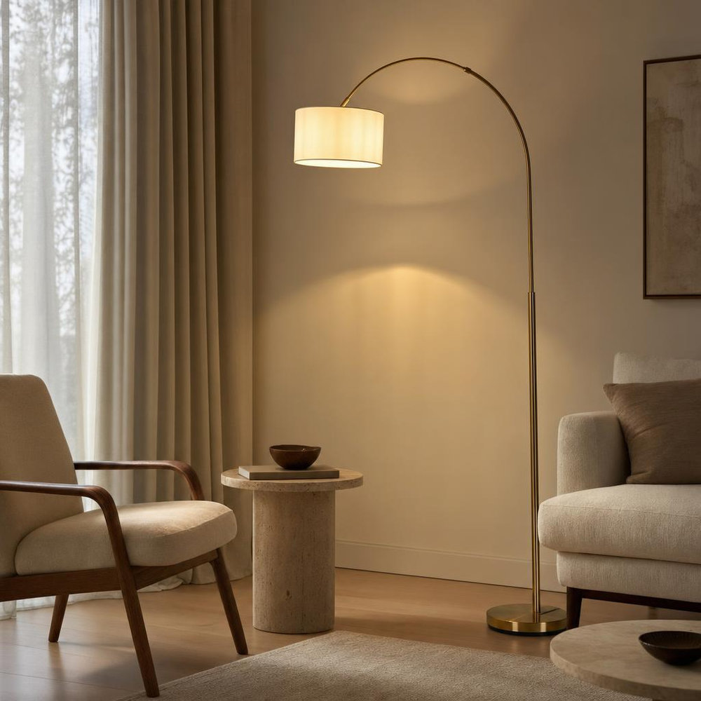 Stehleuchte Stehlampe Wohnzimmer Geschwungen Matt Messing Stoffschirm H 195 Cm