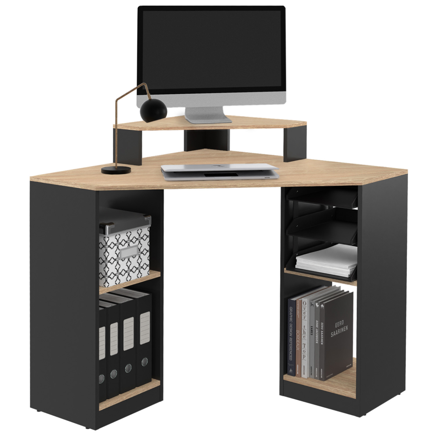 Idmarket – Bureau D'Angle Harry Noir Et Hêtre – Dimensions 85 X 85 Cm – Hauteur Réglable 75/90 Cm – Rangement Latéral Pratique
