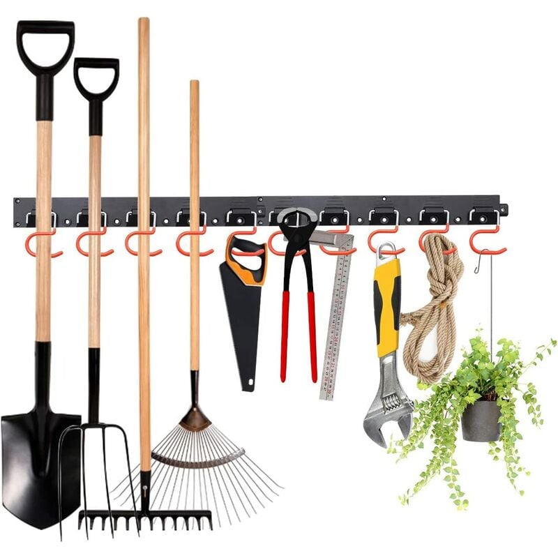 Organisateur de garage mural ajustable 162,5 cm, 4 rails ABS et 20 crochets antidérapants, noir