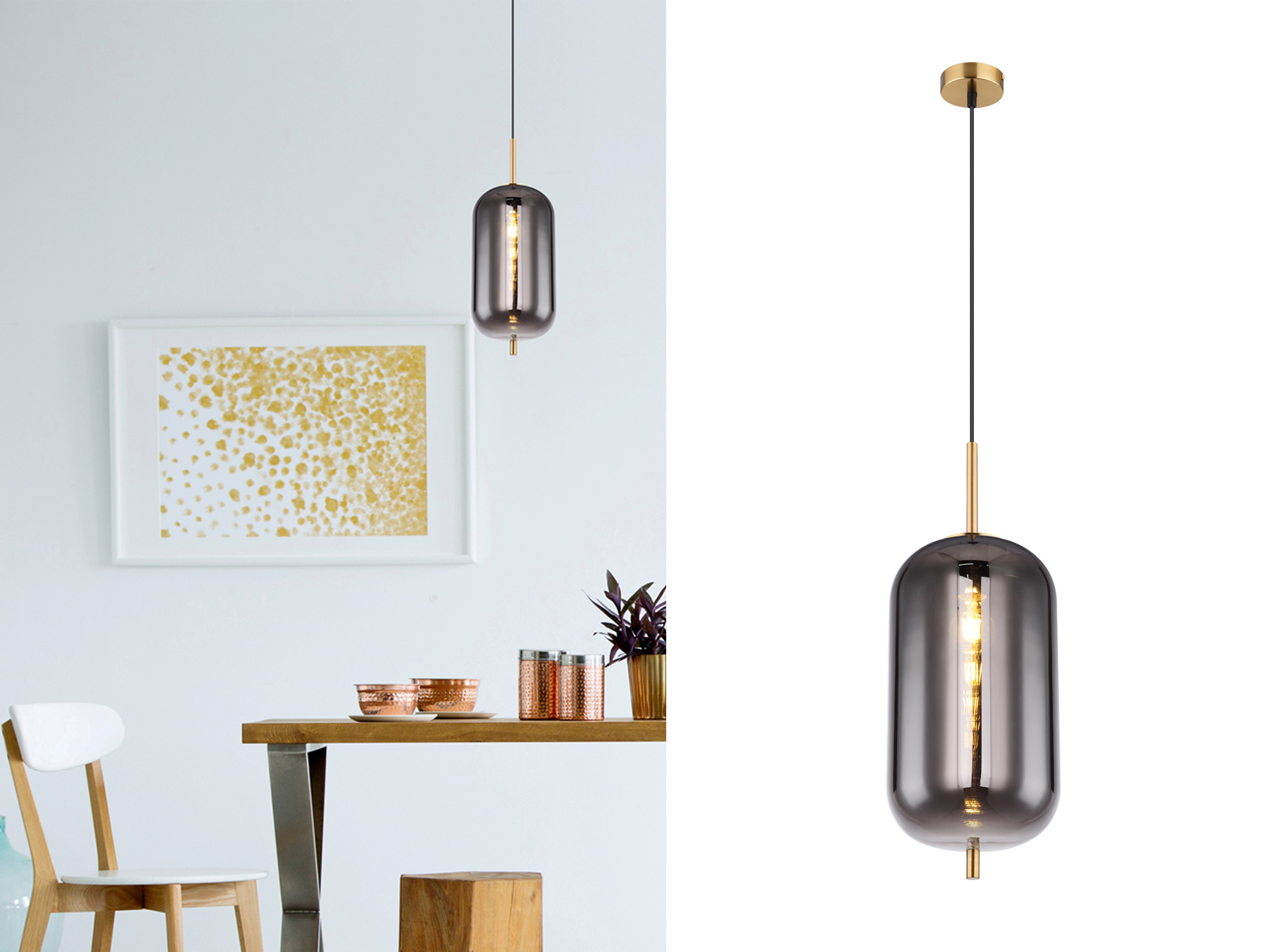 Pendelleuchte Blacky Mit Rauchglas 1-flammig Metall Messing, Ø 22cm