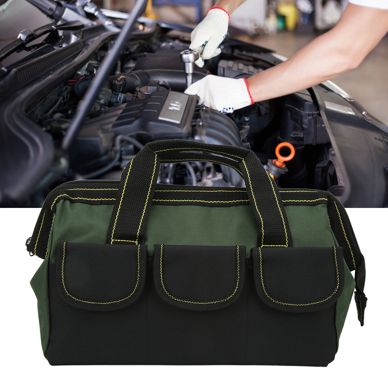Sac à outils 13 pouces en tissu Oxford 1680D, ouverture large, poignée renforcée, vert militaire