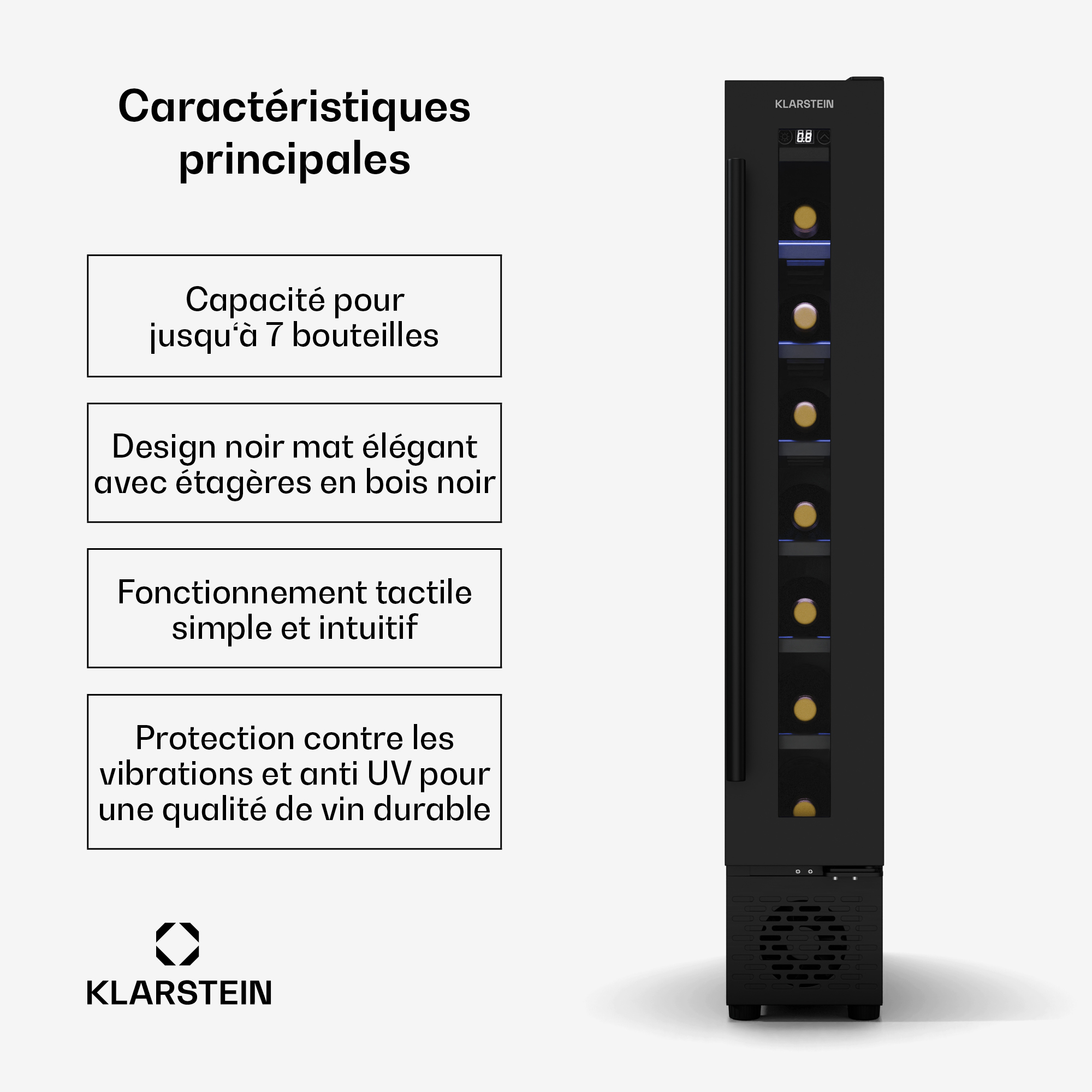 Klarstein Vinovilla 7 Uno Cave À Vin Encastrable - 7 Bouteilles, 1 Zone, 5-18°c, Éclairage Led, Fonctionnement Silencieux, Noir Mat, Cave À Vin Compacte