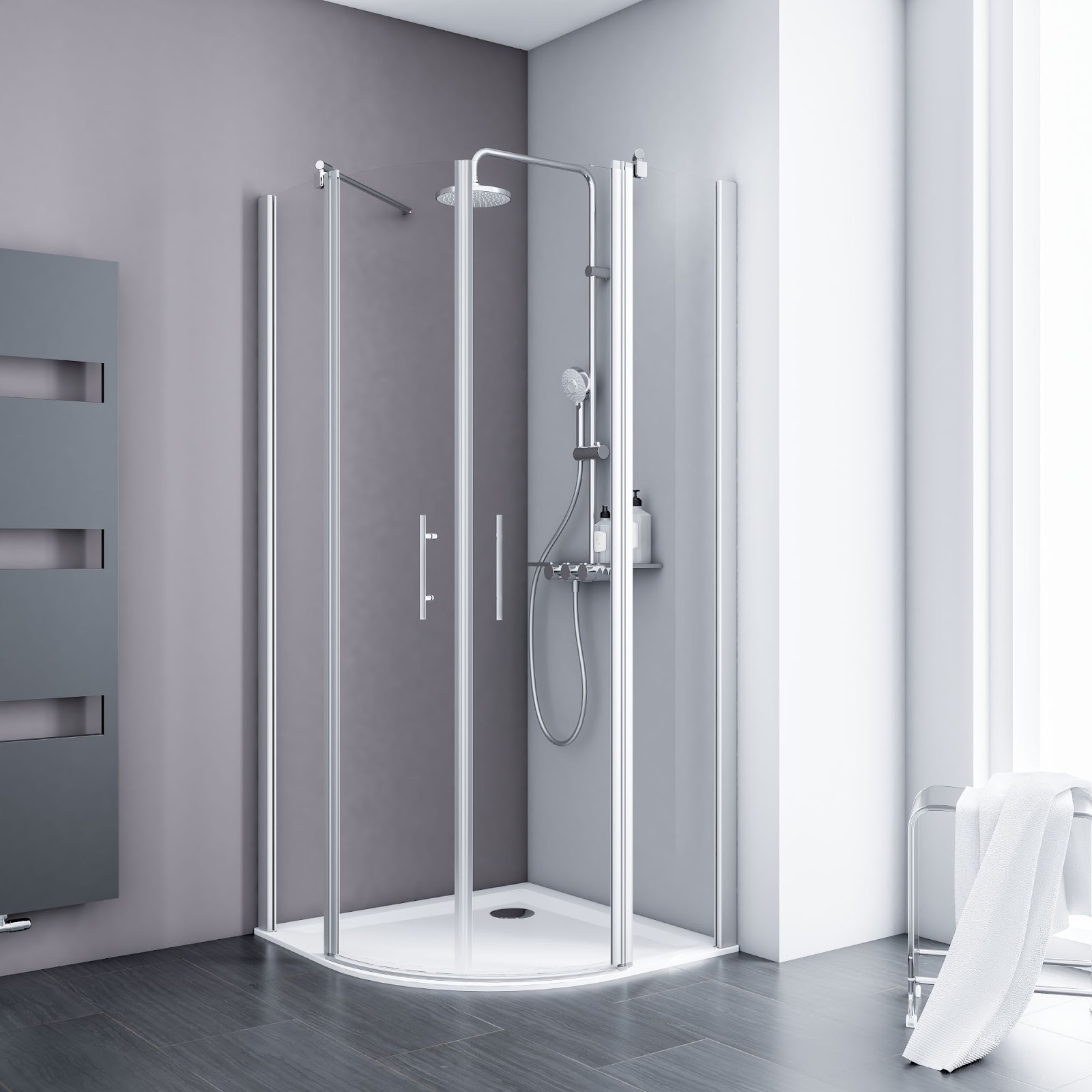 Runddusche 90x90x192 Cm, Radius 55 Cm - 5 Mm Esg Klarglas, Fixil-beschichtung, Alu-natur, Serie Alexa Style 2.0 - Schulte
