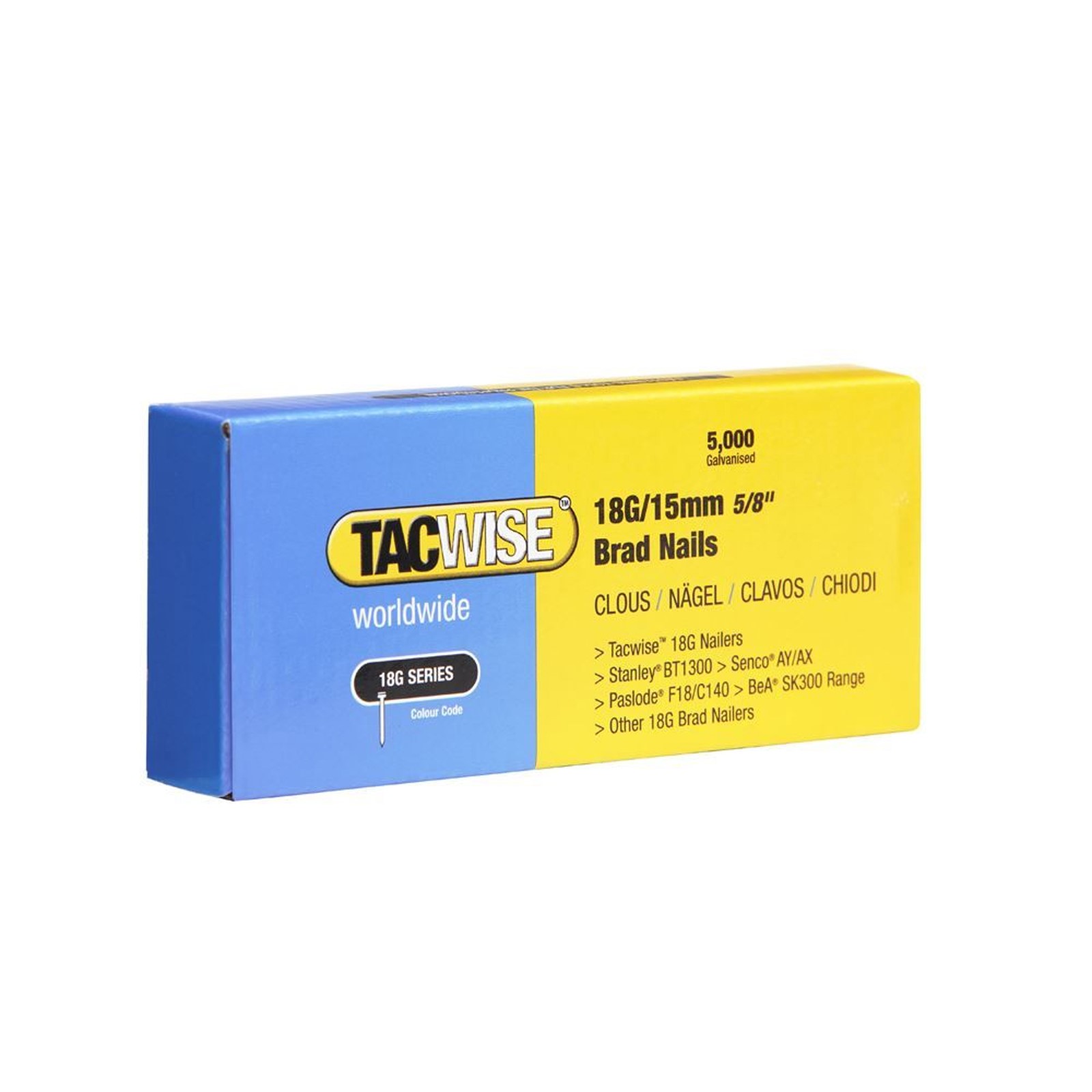 Tacwise 0394 18g 15mm Brad Nails Galvanised 5000 Pack - Z4 Z5 181els 191 Duo 35