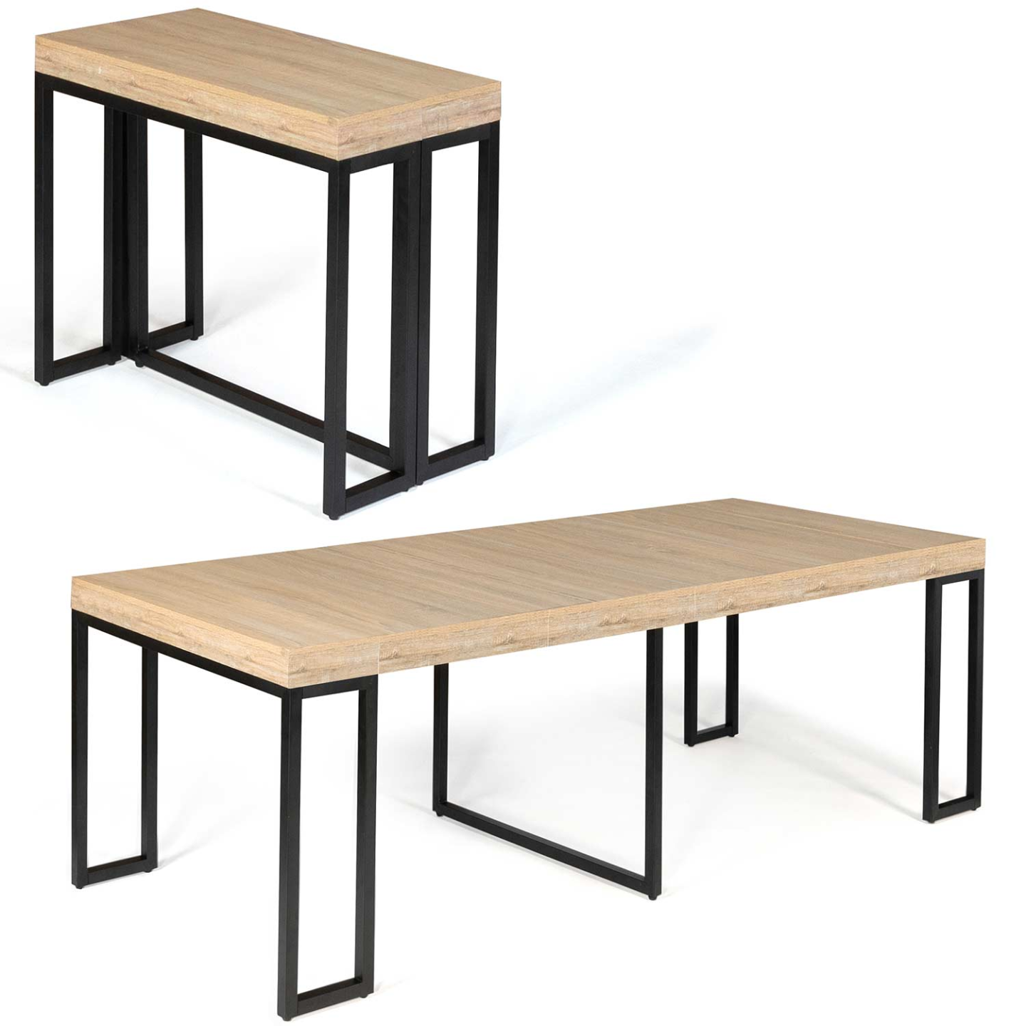 Idmarket – Table Console Extensible 10 Personnes 235x90 Cm – 4 Rallonges De 47 Cm – Structure Bi-matière Bois Et Métal Noir – Style Industriel