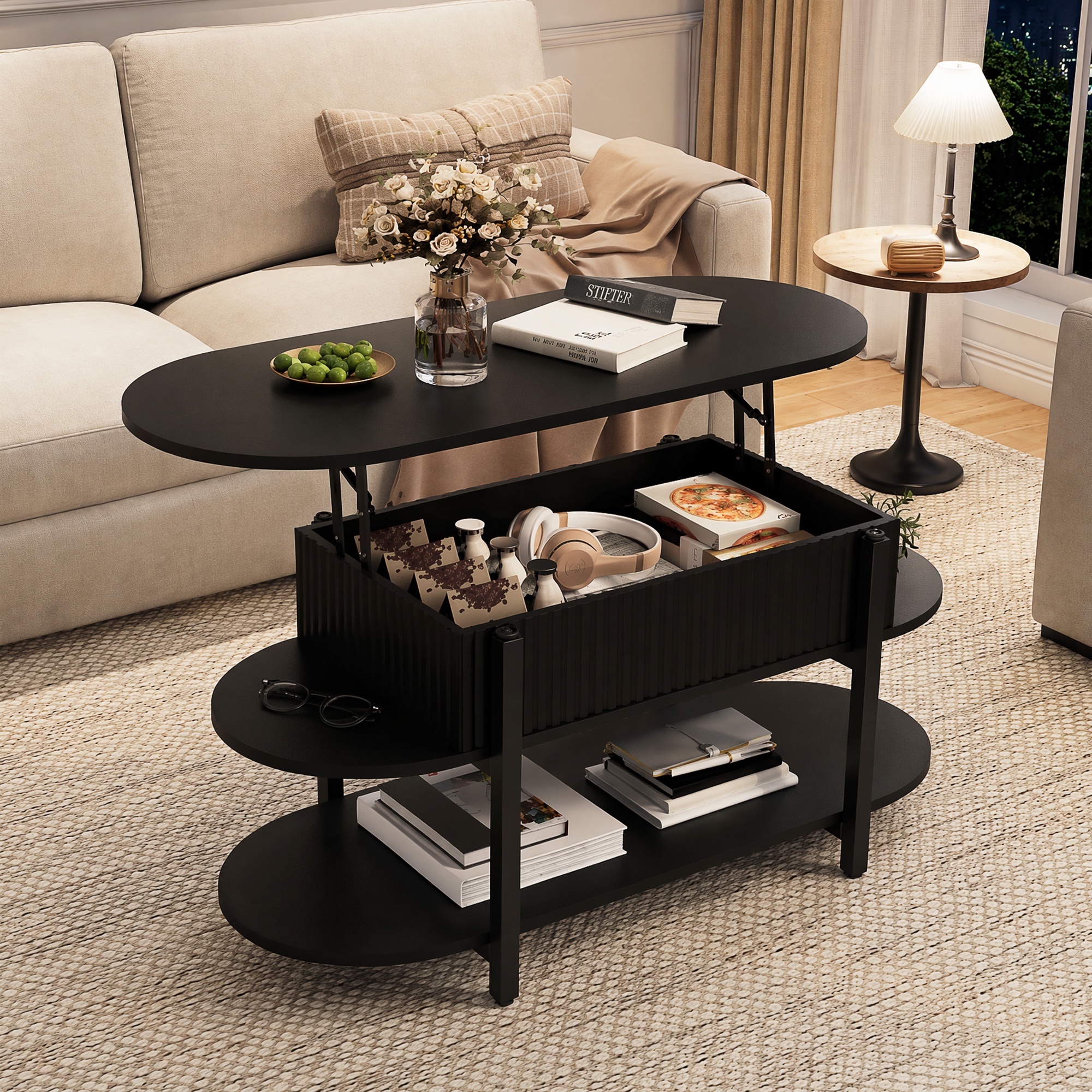 Table Basse Relevable 106x45cm Table De Salon Avec Coffre De Rangement