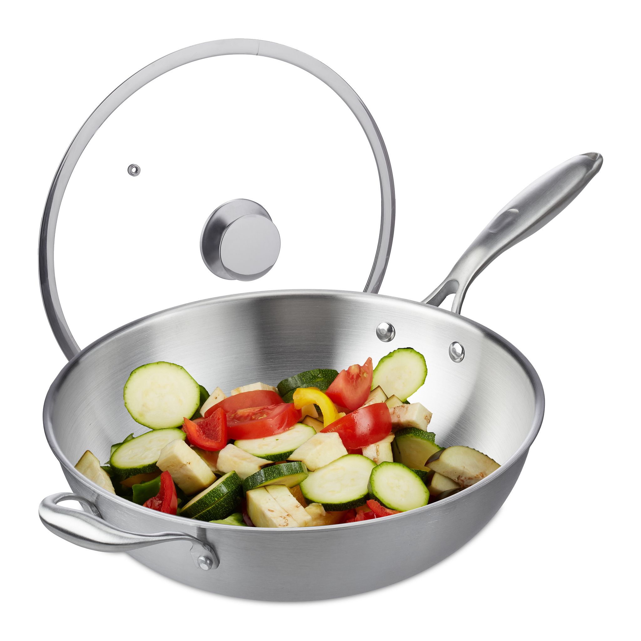 Wok, Ø 32 Cm, Edelstahl Unbeschichtet, Glasdeckel, Gas-, Elektro-, Induktionsherd, Wokpfanne Mit Griff, Silber - Relaxdays