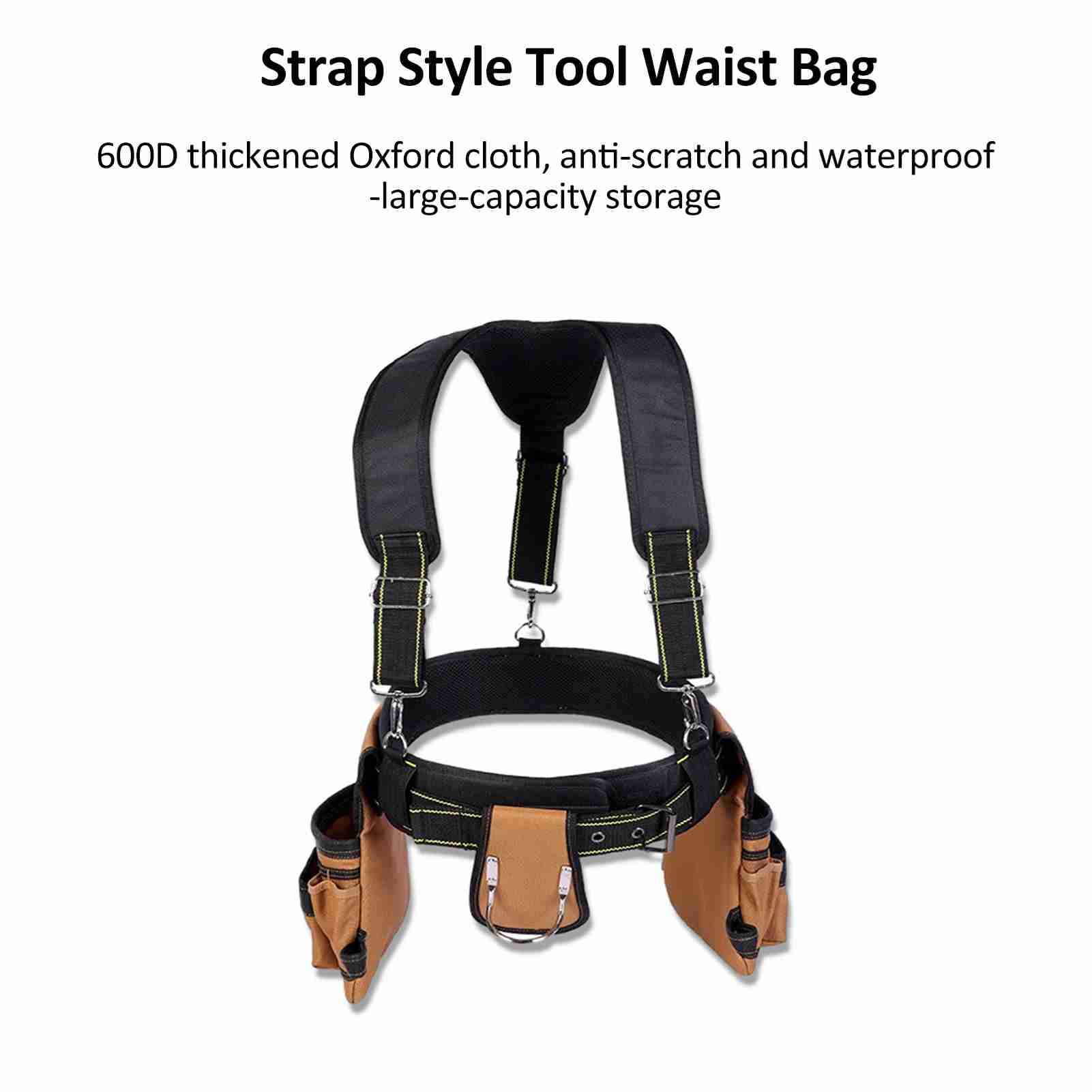 Ceinture à outils avec bretelles, tissu Oxford 1200D, poches détachables et réglables, marron