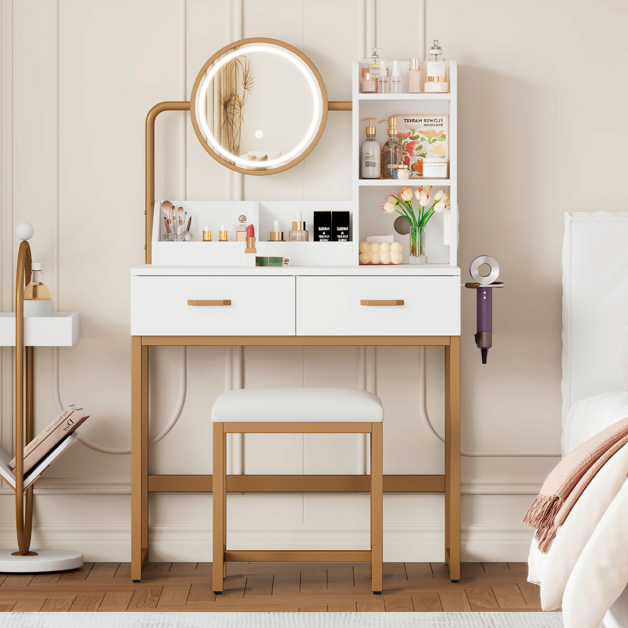 Coiffeuse Avec Miroir 80x40x138.5 Cm - Avec Tabouret - Avec Led - Avec