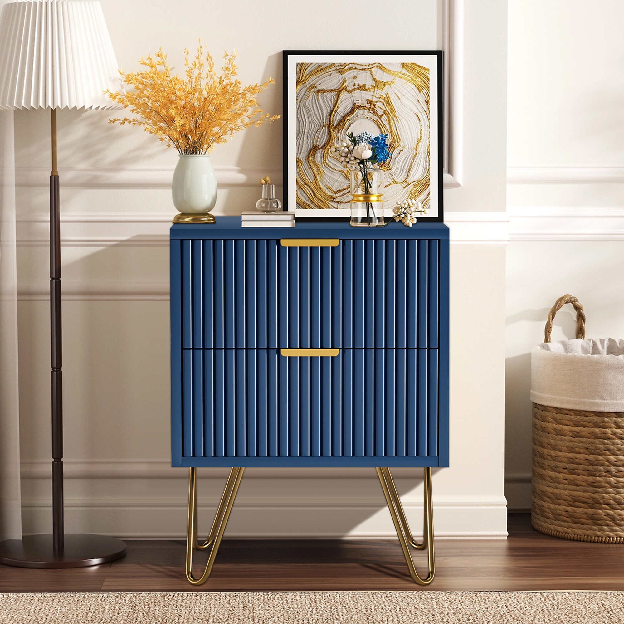 Nmonet - Table De Chevet Avec 2 Tiroirs, Pieds En Métal Doré, Style Minimaliste Moderne - Bleu Foncé