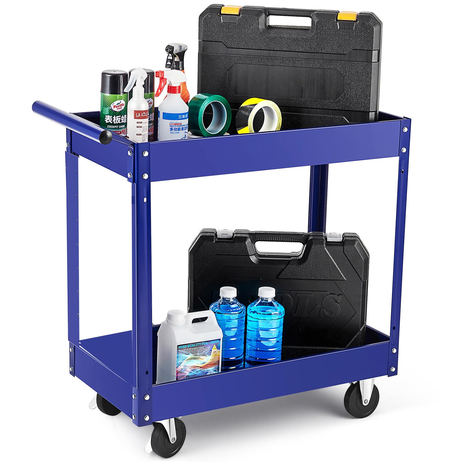Chariot de service à 2 niveaux en acier renforcé, capacité 150 kg, 4 roulettes pivotantes