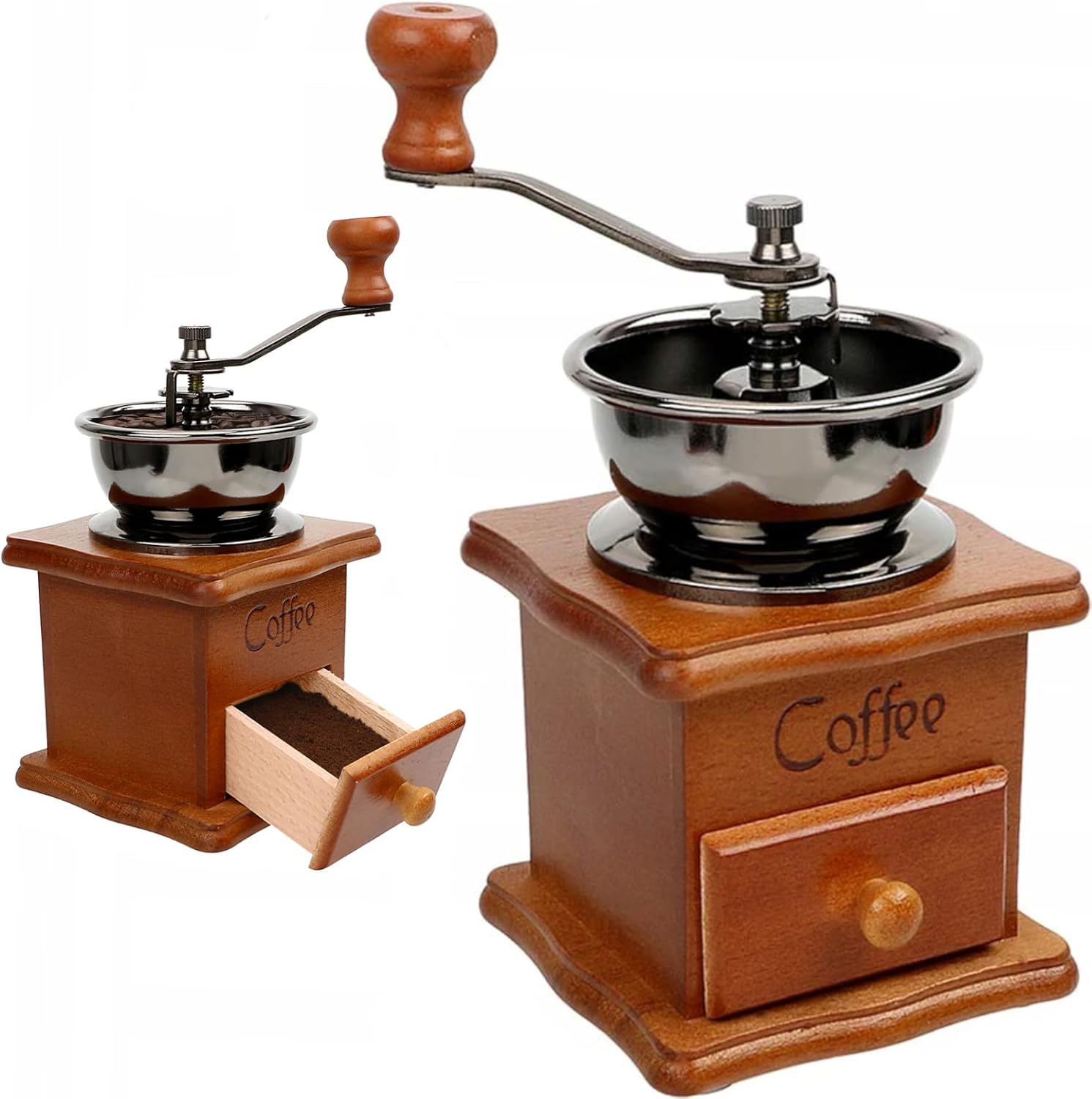 Macinacaffè Manuale Vintage In Legno Invecchiato Con Ingranaggio Regolabile Per Casa, Ufficio E Viaggio. Macinacaffè Dal Design Antico.