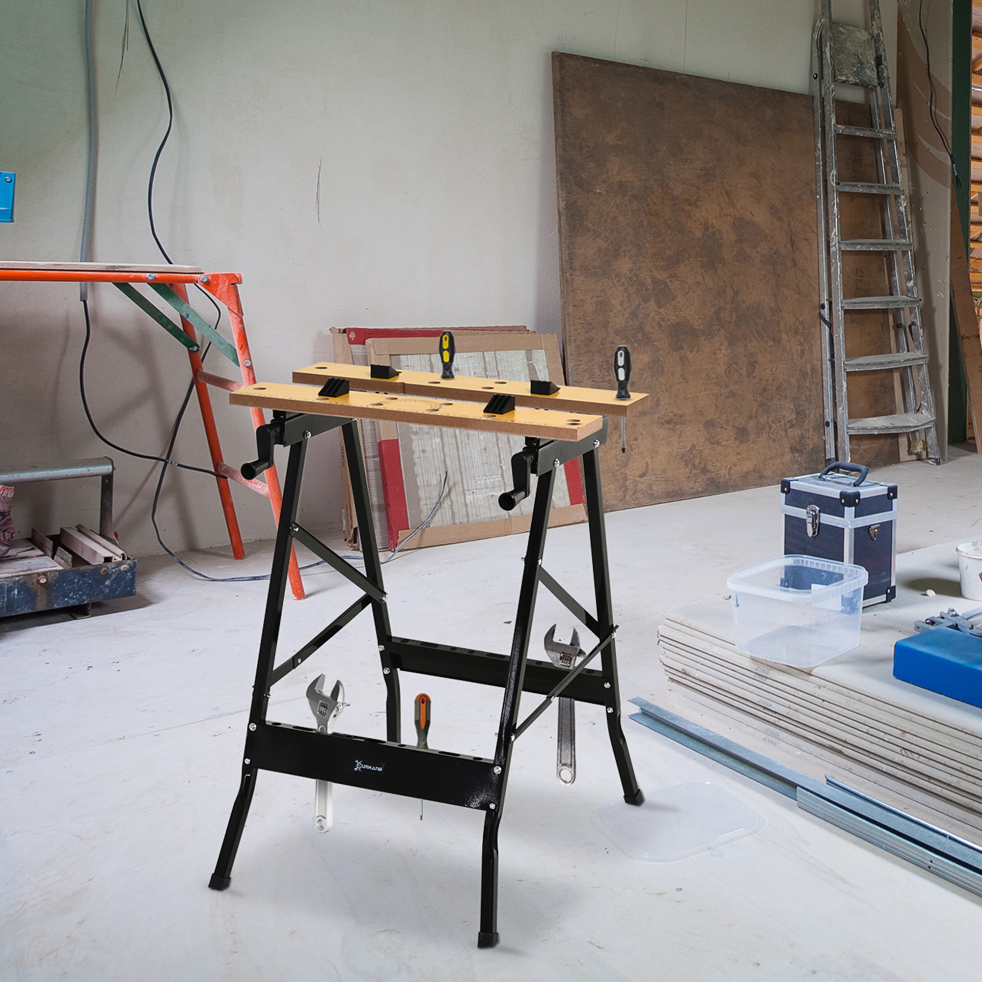 Établi pliant avec étau et 2 manivelles, support 100 kg, 60,5 x 62,5 x 78,5 cm, fer et MDF