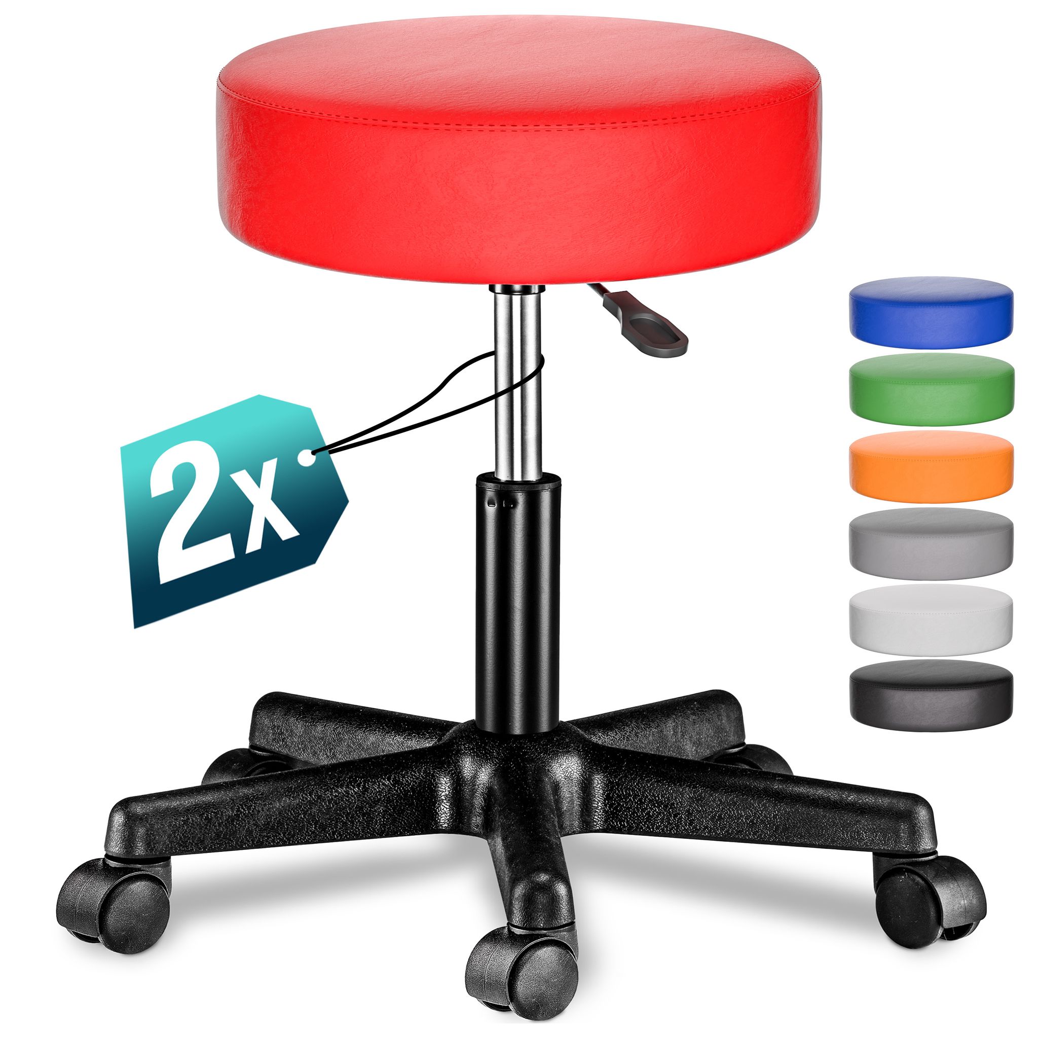 Rollhocker Höhenverstellbar 10cm Polsterung 46-60cm Sitzhöhe 360° Drehbar Ø35cm Rund Rollen Bürohocker Drehhocker Arbeitshocker Hocker 2er Set Rot - Casaria