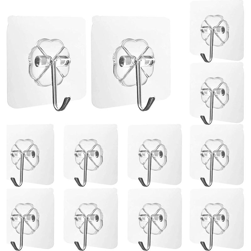 Crochets adhésifs transparents sans percer, 20 kg, PVC et inox, 60 x 60 mm, lot de 12