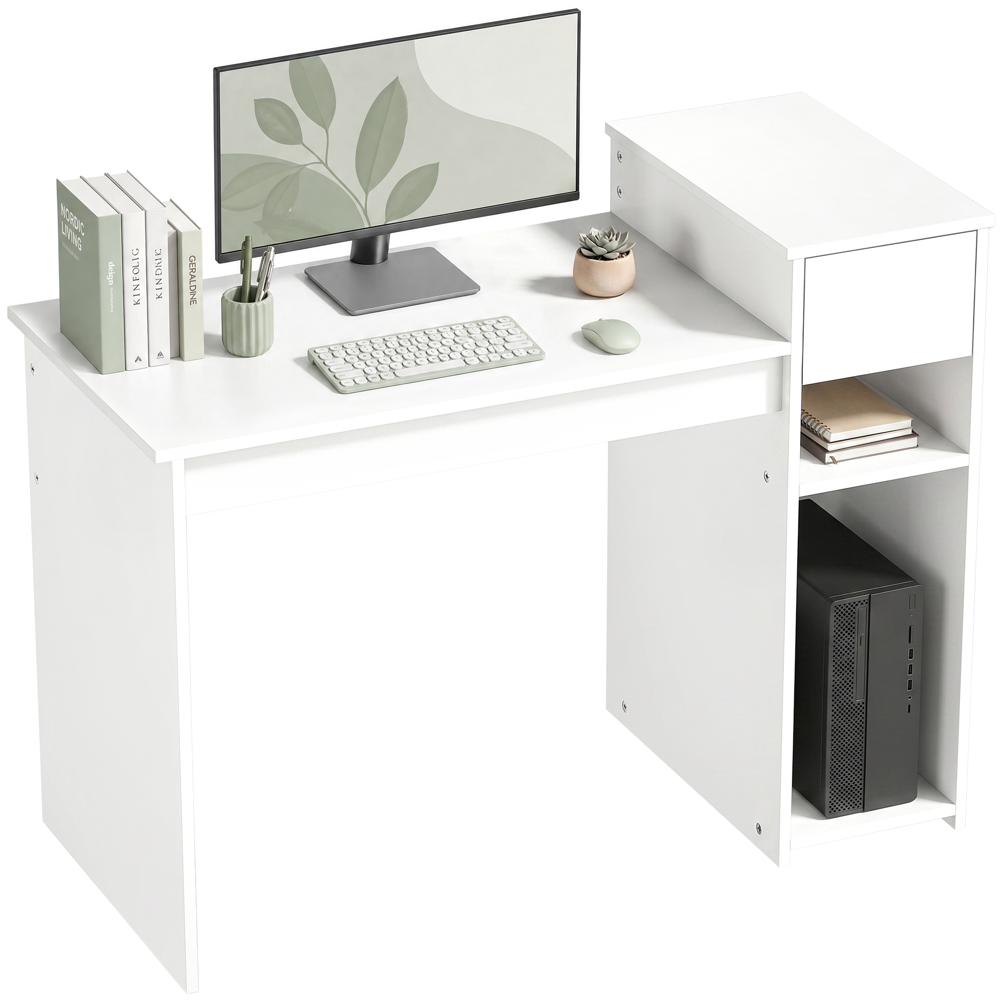 Bureau Informatique - Homcom - Avec Tiroir Et Étagère - Support D'Unité Centrale - Bois - 108 X 50 X 82 Cm - Blanc