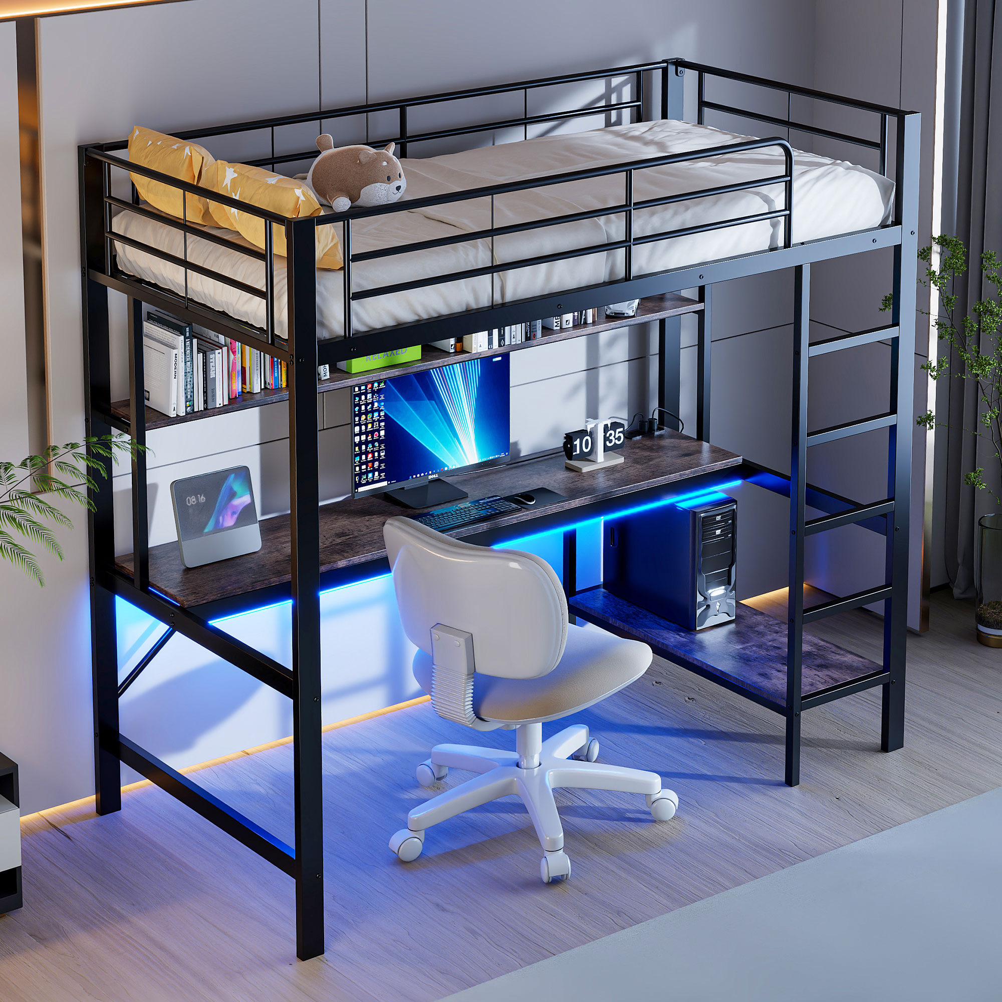 Stilvora Hochbett 90 X 200 Cm Mit Schreibtisch, Usb-steckdose, Led Und Regalen, Ohne Matratze, Aus Metall Und Holz, Schwarz