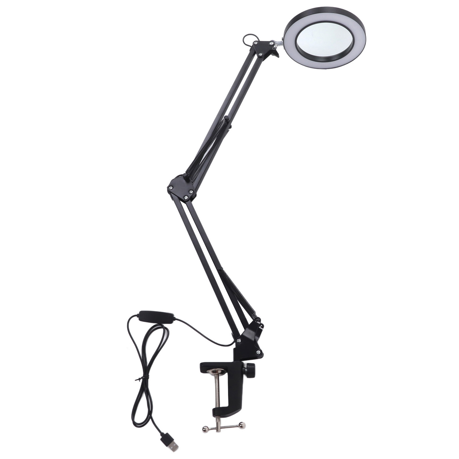 Lampe-loupe à pince LED 5x, bras rotatif 360°, 10 niveaux de luminosité, verre