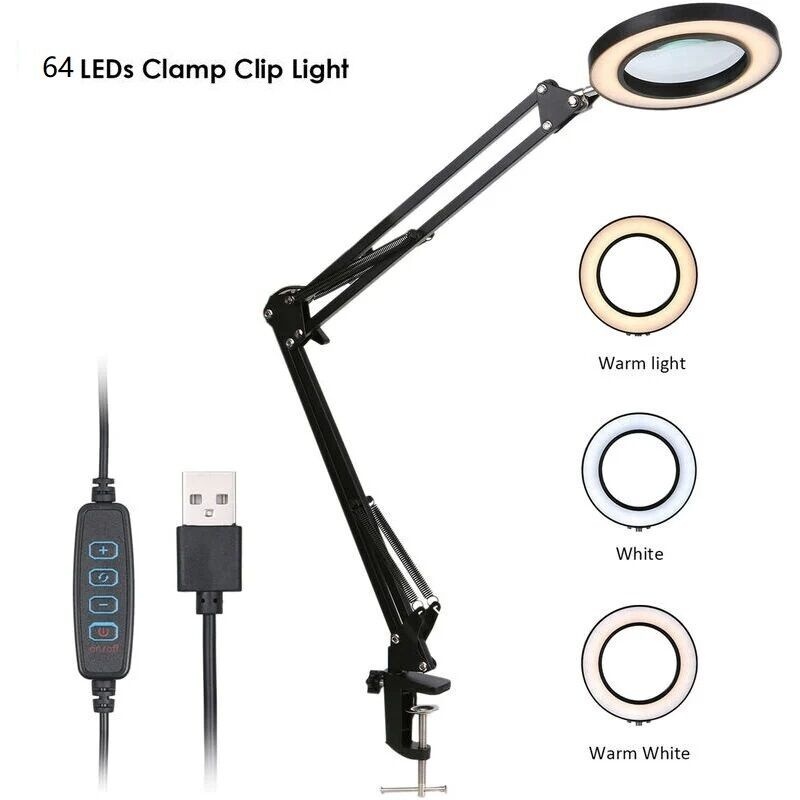 Loupe éclairante à clip avec LED, grossissement 5x, 3 couleurs réglables, alimentation USB, support flexible