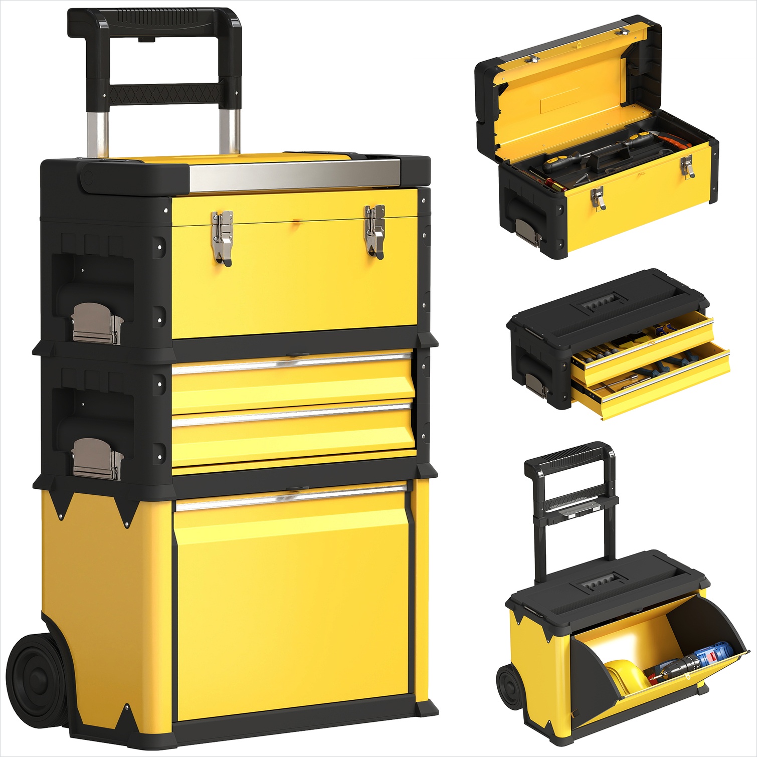 Ensemble 3 en 1 de boîtes à outils sur roulettes en acier jaune, charge 45 kg, 52 x 32 x 72 cm