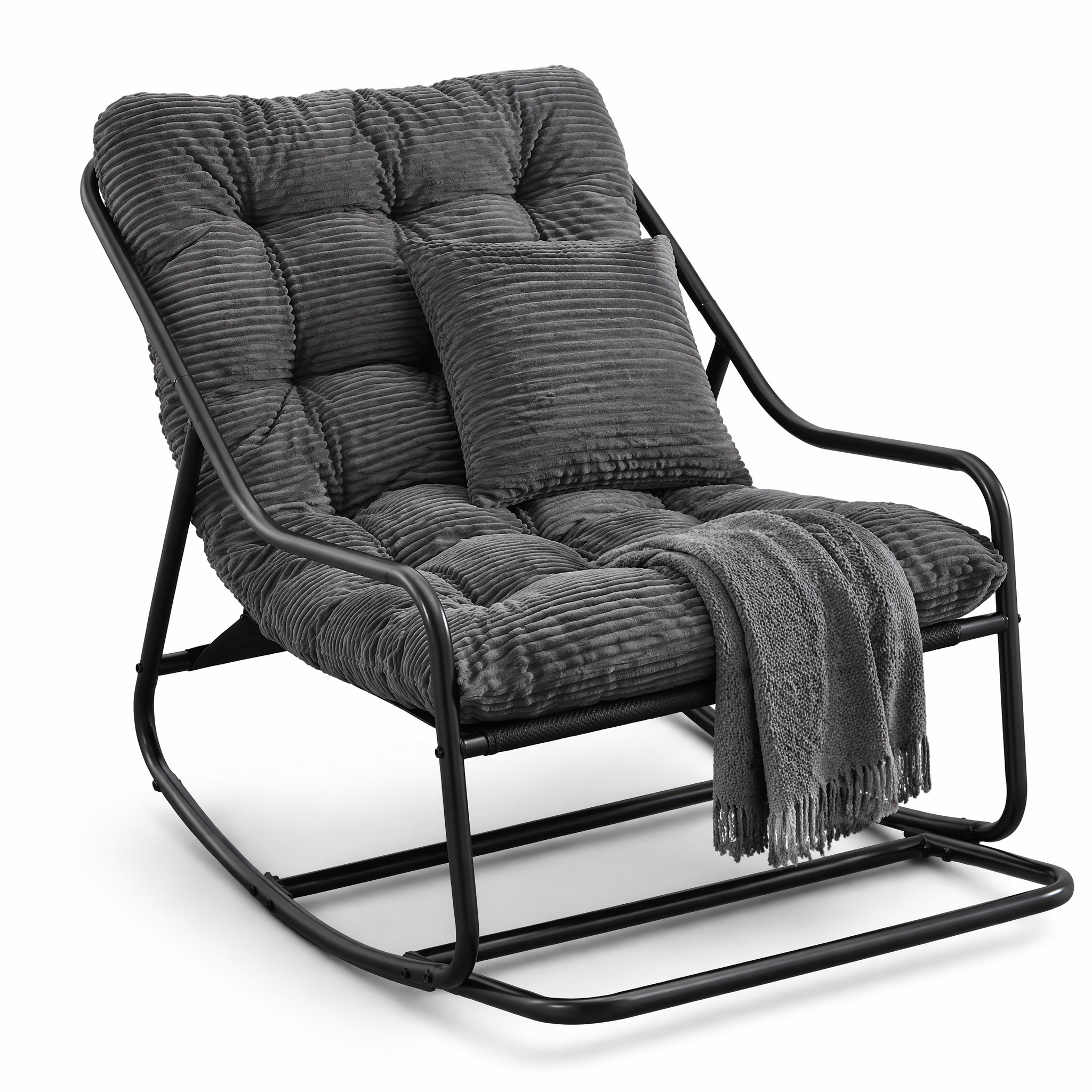 Fauteuil De Jardin Avec Repose-pieds À Bascule Réglable Avec Coussin Épais, Sans Accoudoirs, Acier Gris 75 × 116 × 82 Cm