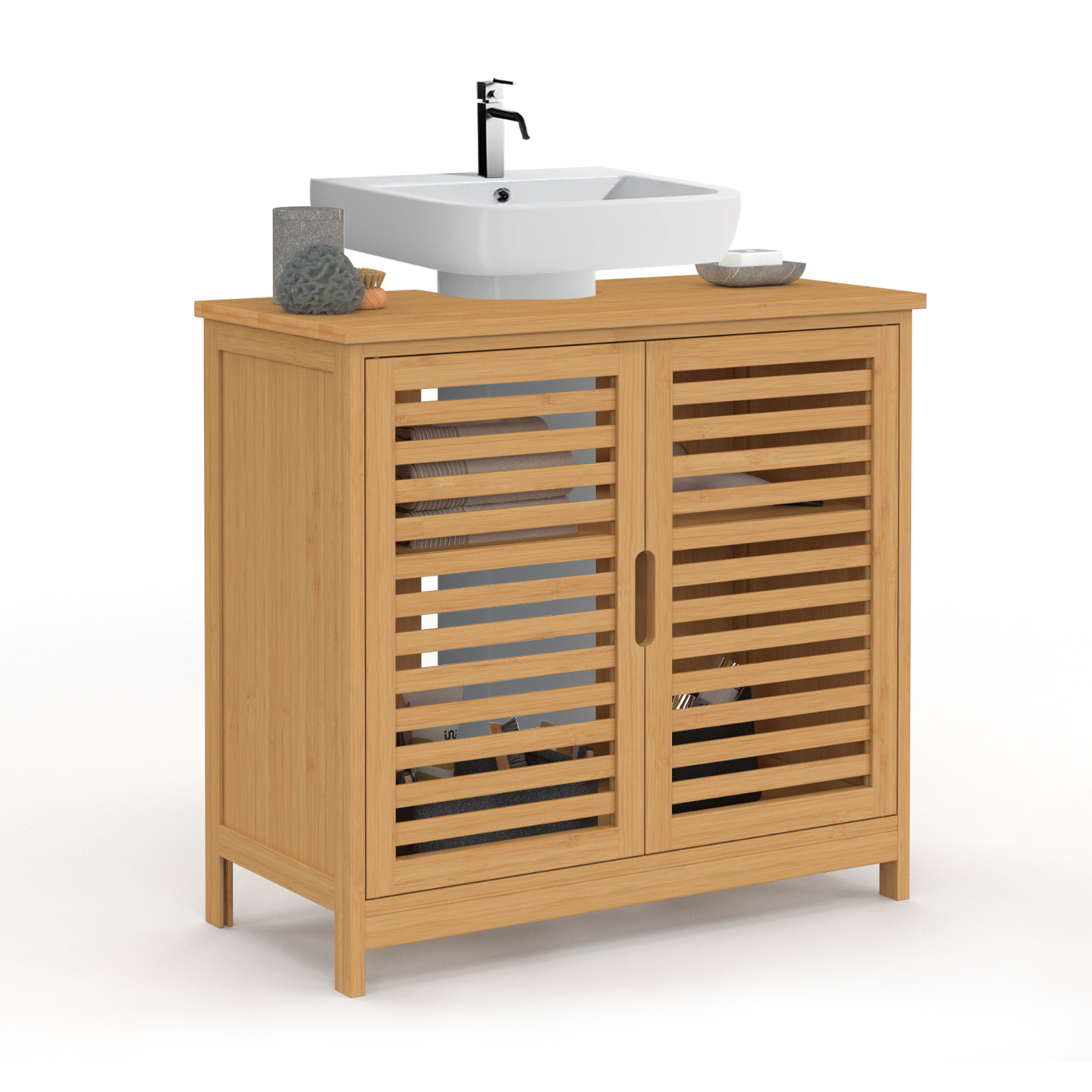 Idmarket – Meuble Sous Vasque Simple En Bambou Naturel – Dimensions L60 X L30 X H65 Cm – Placard Avec Étagère Repositionnable – Pour Salle De Bain Moderne