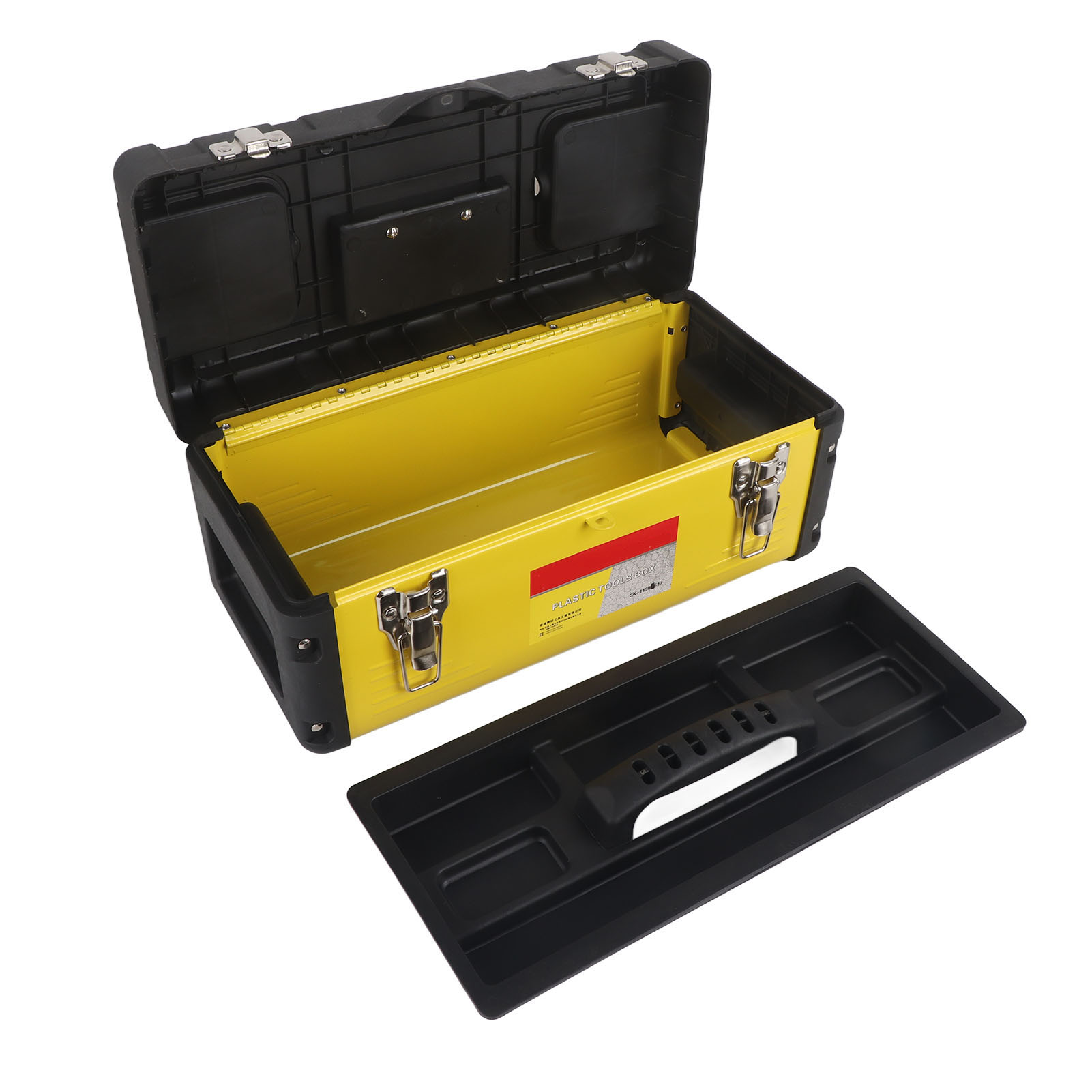 Boîte à outils à double couche en plastique et fer, compartiment supérieur pour vis et clous, fermeture métallique avec œillet pour cadenas, 1 pièce