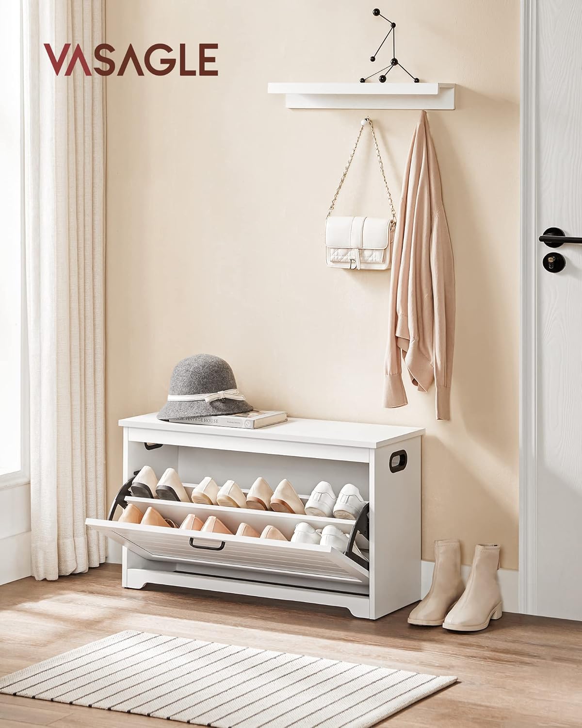Vasagle – Banc À Chaussures Blanc 80 X 30 X 46 Cm – Meuble Rangement