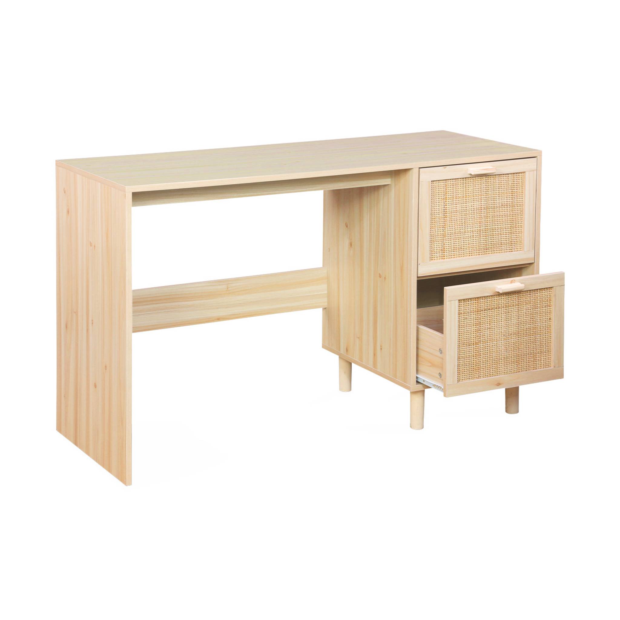 Bureau Décor Bois Et Cannage - Camargue - 120cm. 2 Tiroirs