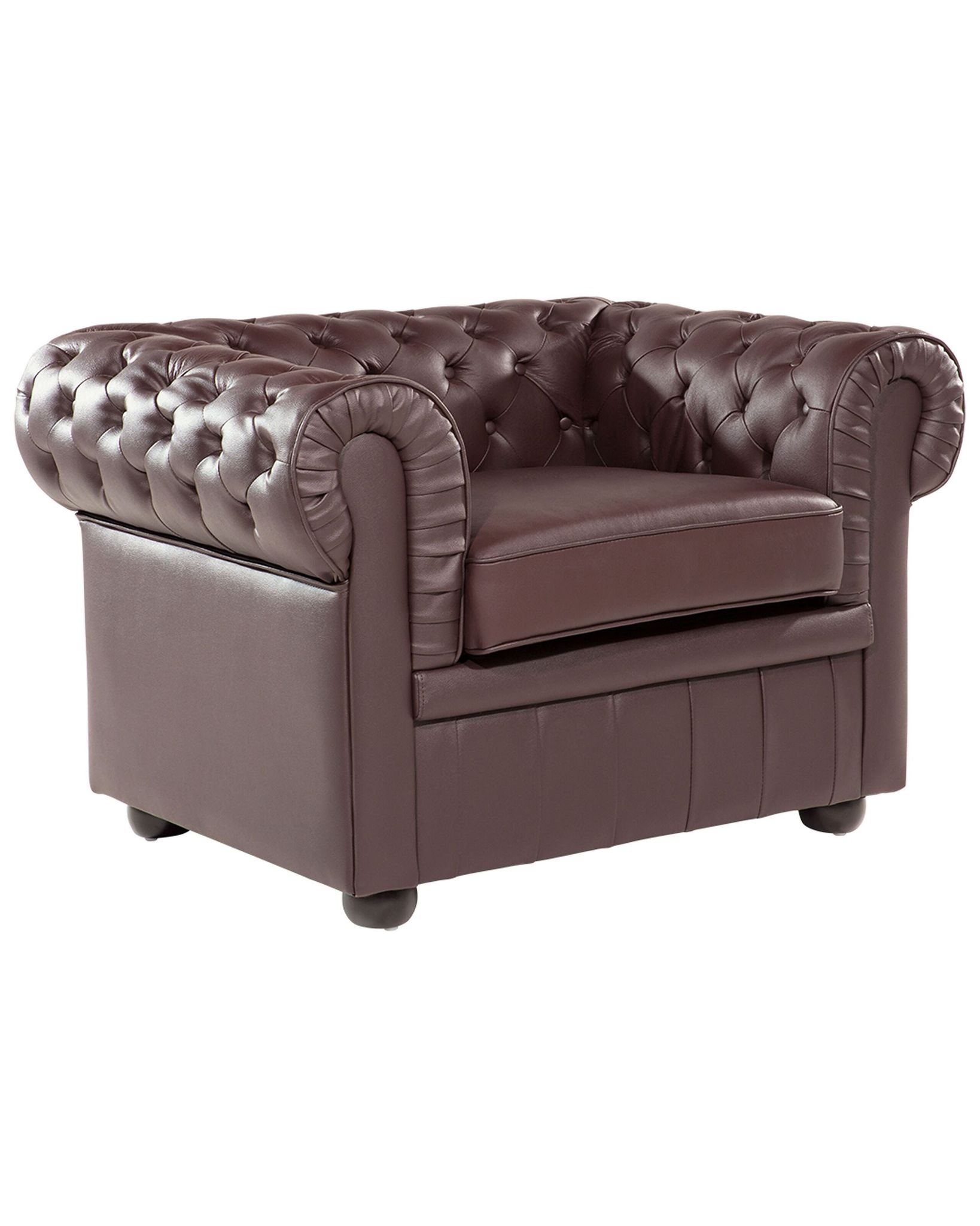 Beliani - Modern Leather Club Chair Classic Button Tufted Scroll Arms Brown Chesterfield