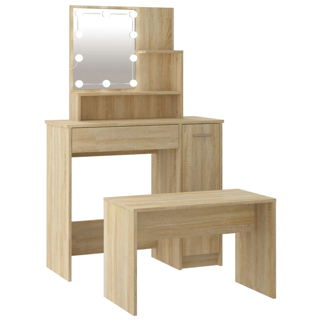 Vidaxl Braun Dressing Table Set With Led Sonoma Oak Engineered Wood