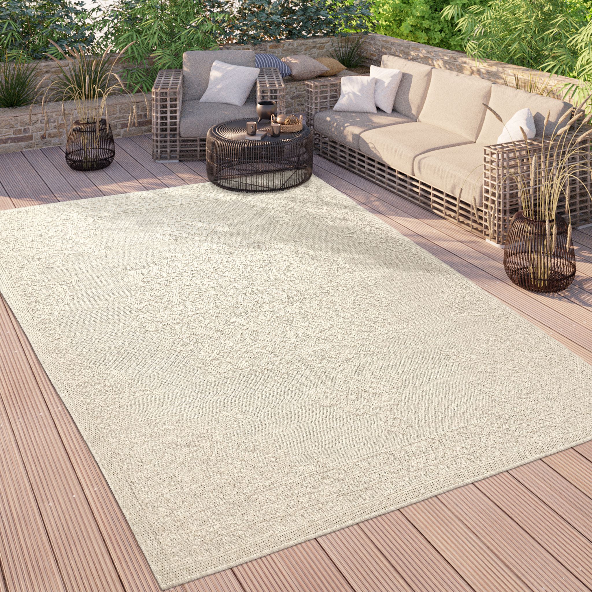 Paco Home - Outdoor Teppich Wetterfest Balkon Orient Muster Vintage Einfarbig 80x150 Cm, Creme