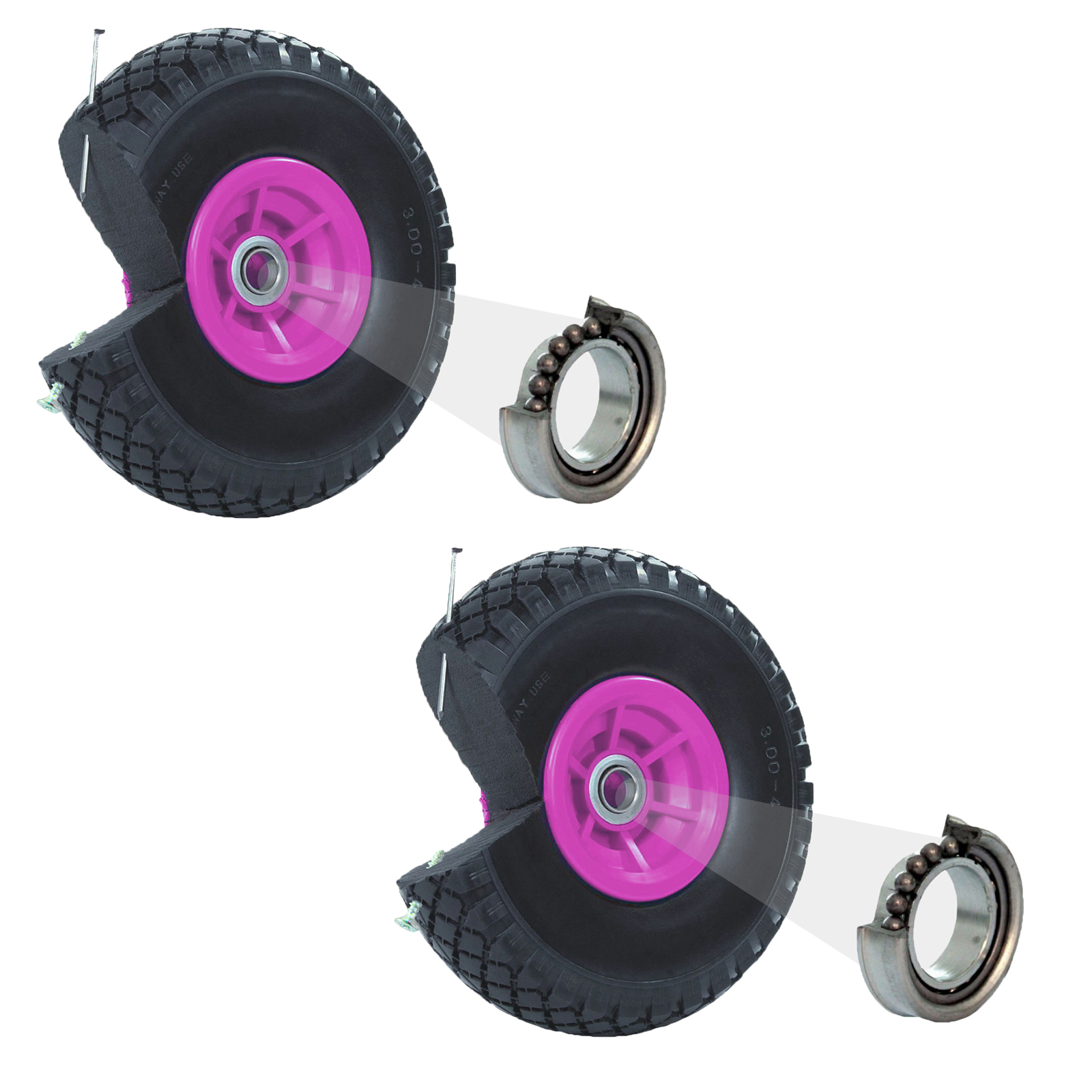 Baumarktplus - 2x Sackkarrenrad Vollgummi 260x85 Mm 3.00-4 60 Mm Nabenlänge Pu Bollerwagenrad Nabenversatz Pink