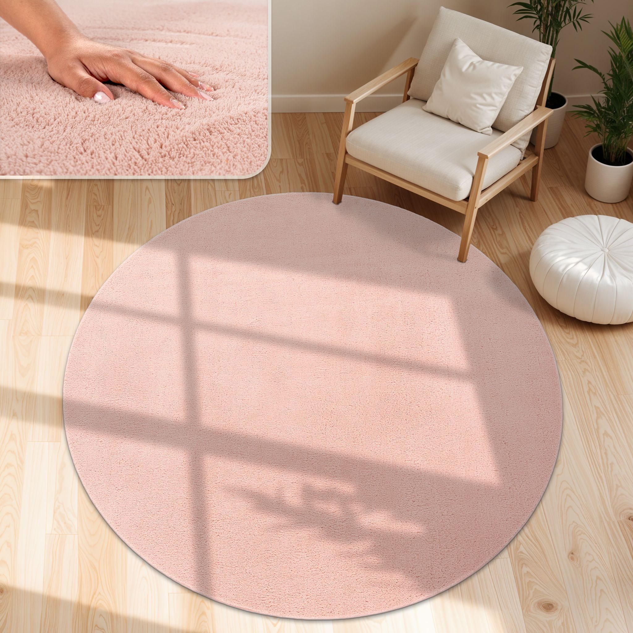 Paco Home - Moderner Wohnzimmer Teppich Kurzflor Waschbar Weich Einfarbig Felloptik Anti-rutsch 200 Cm Rund, Rosa