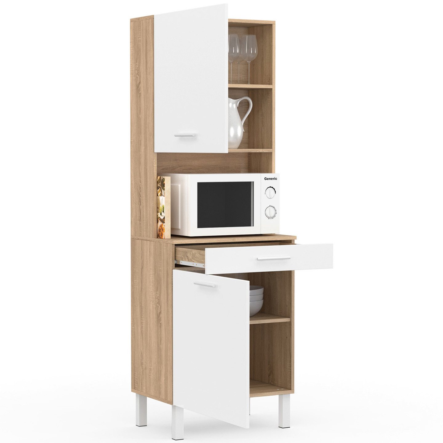 Buffet De Cuisine 60 Cm Cina 2 Portes + Tiroir Façon Hêtre Et Blanc