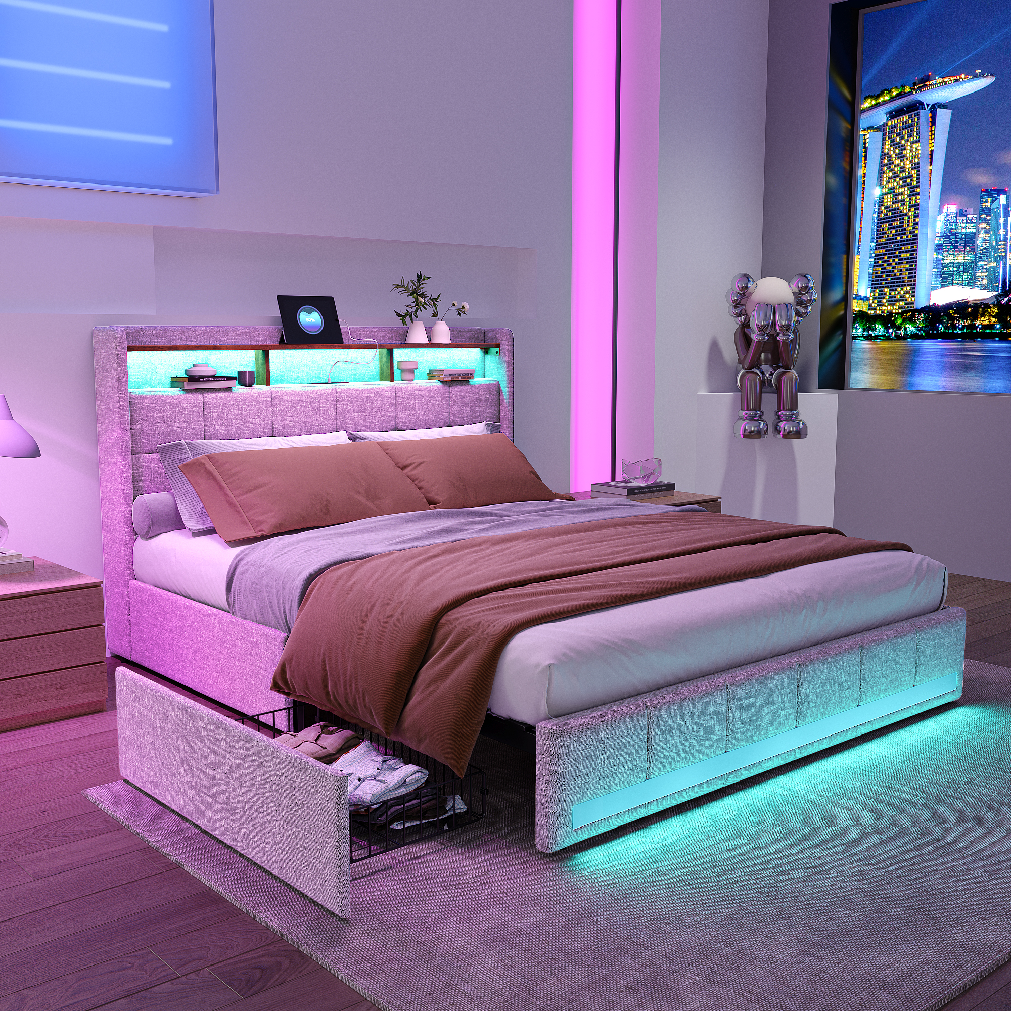Pergar – Lit Adulte 140x190 Avec 4 Tiroirs – Tissu En Lin Beige – Bande Lumineuse Led Et Ports Usb – Structure Robuste 300kg