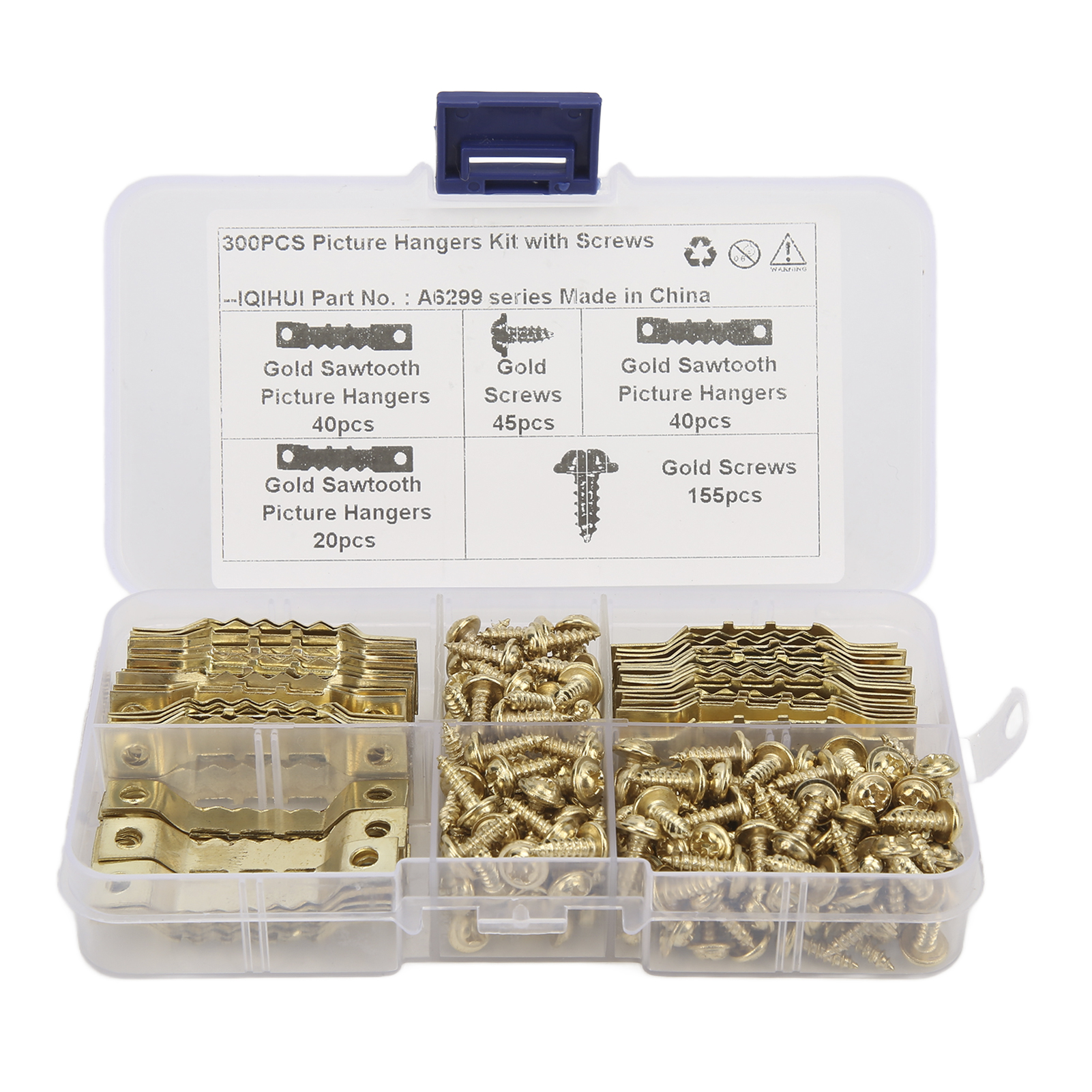 Crochets à dents de scie pour cadres, fer nickelé antirouille, fixation double vis, lot de 100 avec 200 vis dorées